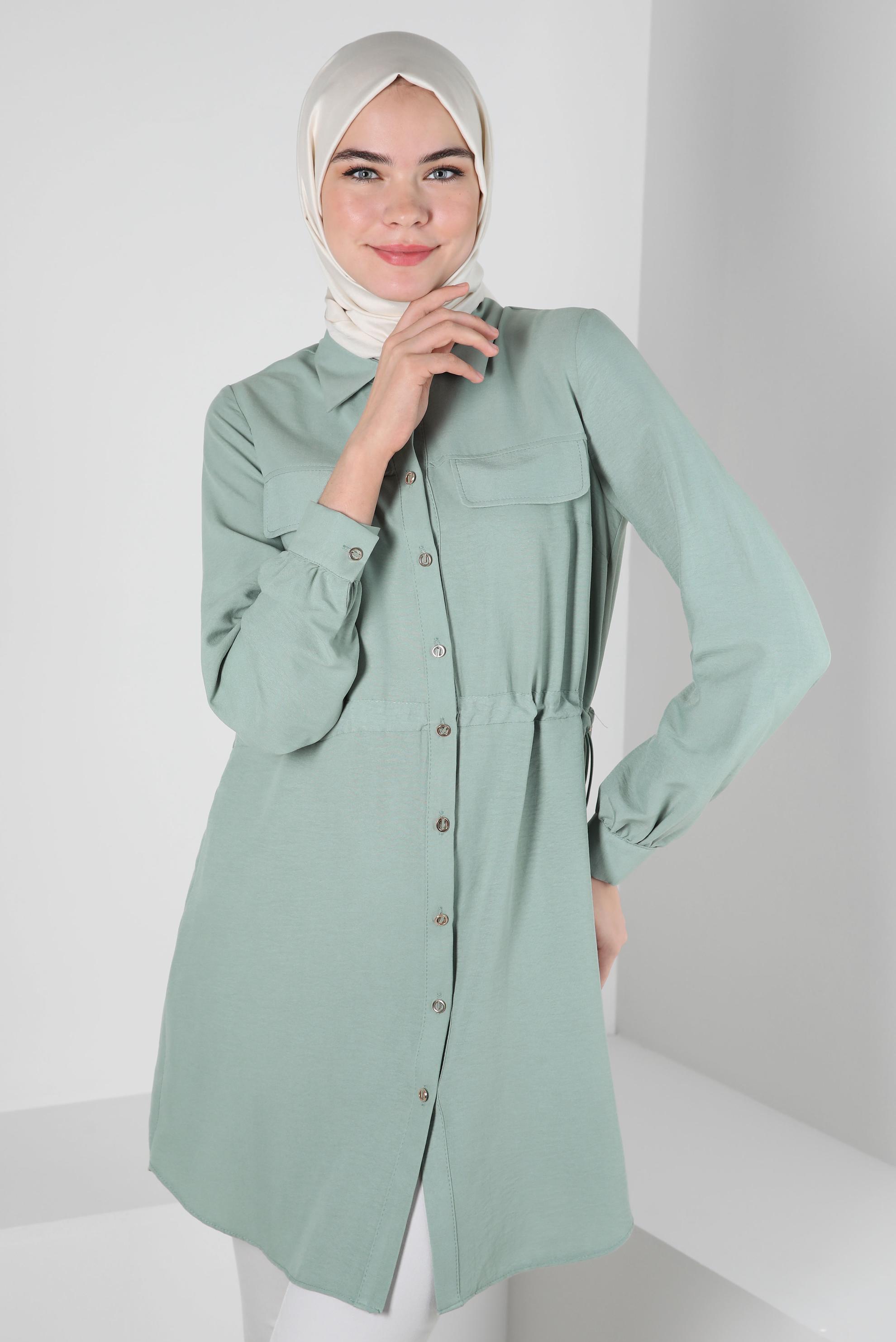 Tesettür giyim MAVİ BELİ BÜZGÜLÜ DÜĞMELİ TUNİK 43890