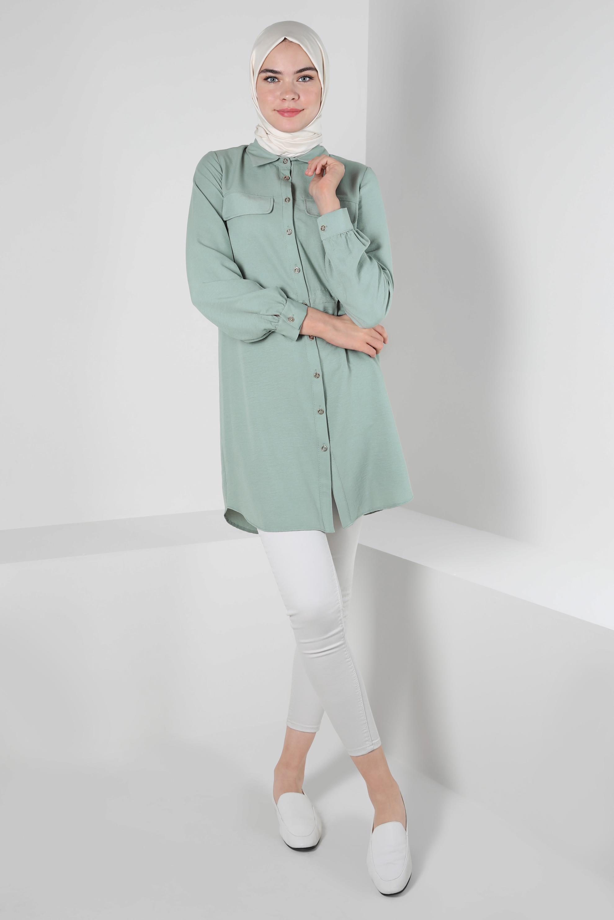 Tesettür giyim MAVİ BELİ BÜZGÜLÜ DÜĞMELİ TUNİK 43890