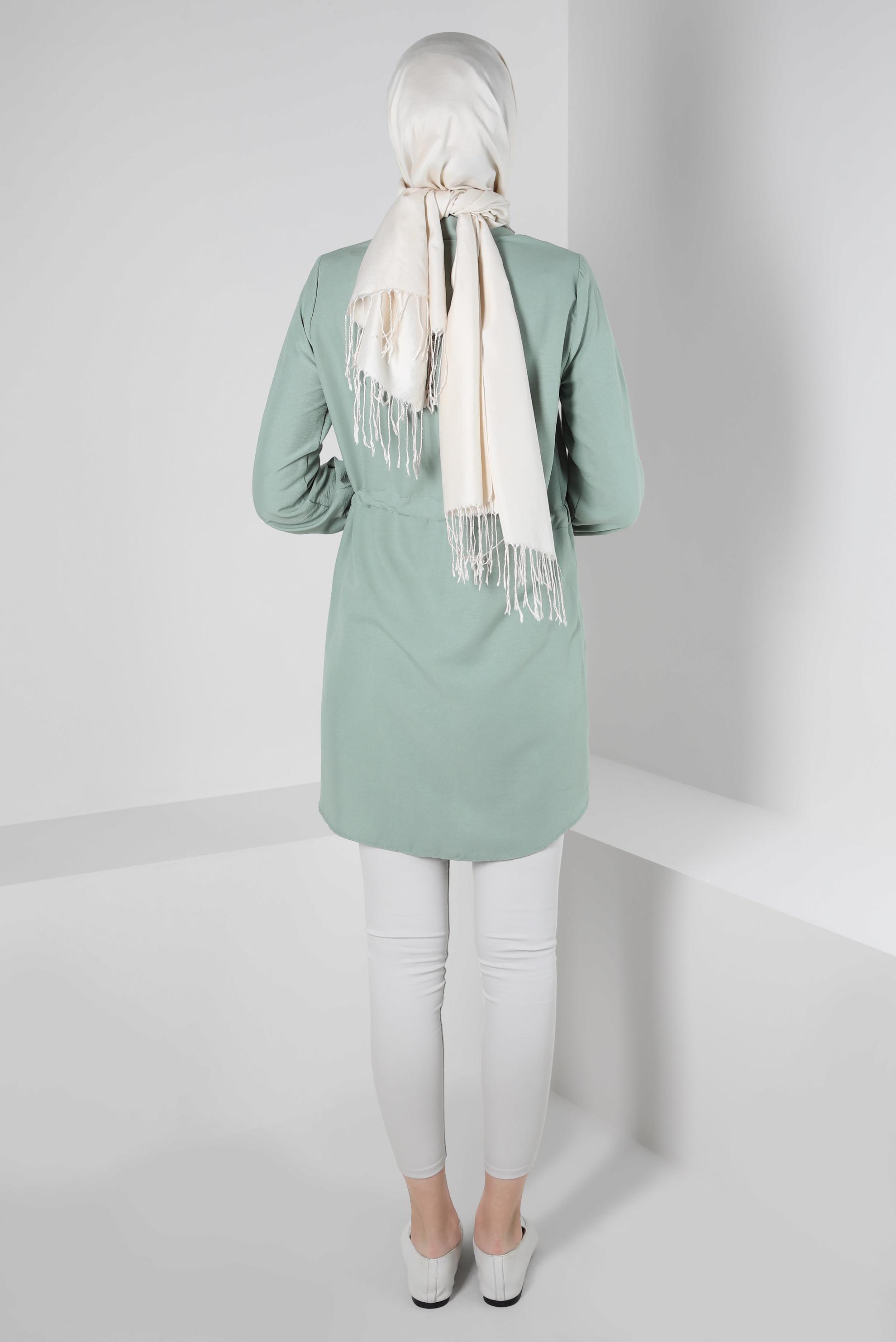 Tesettür giyim MAVİ BELİ BÜZGÜLÜ DÜĞMELİ TUNİK 43890