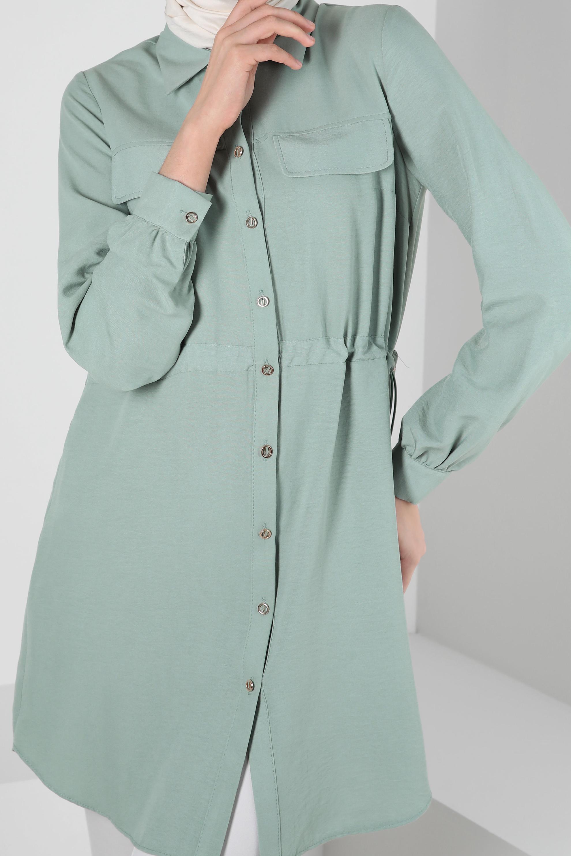 Tesettür giyim MAVİ BELİ BÜZGÜLÜ DÜĞMELİ TUNİK 43890