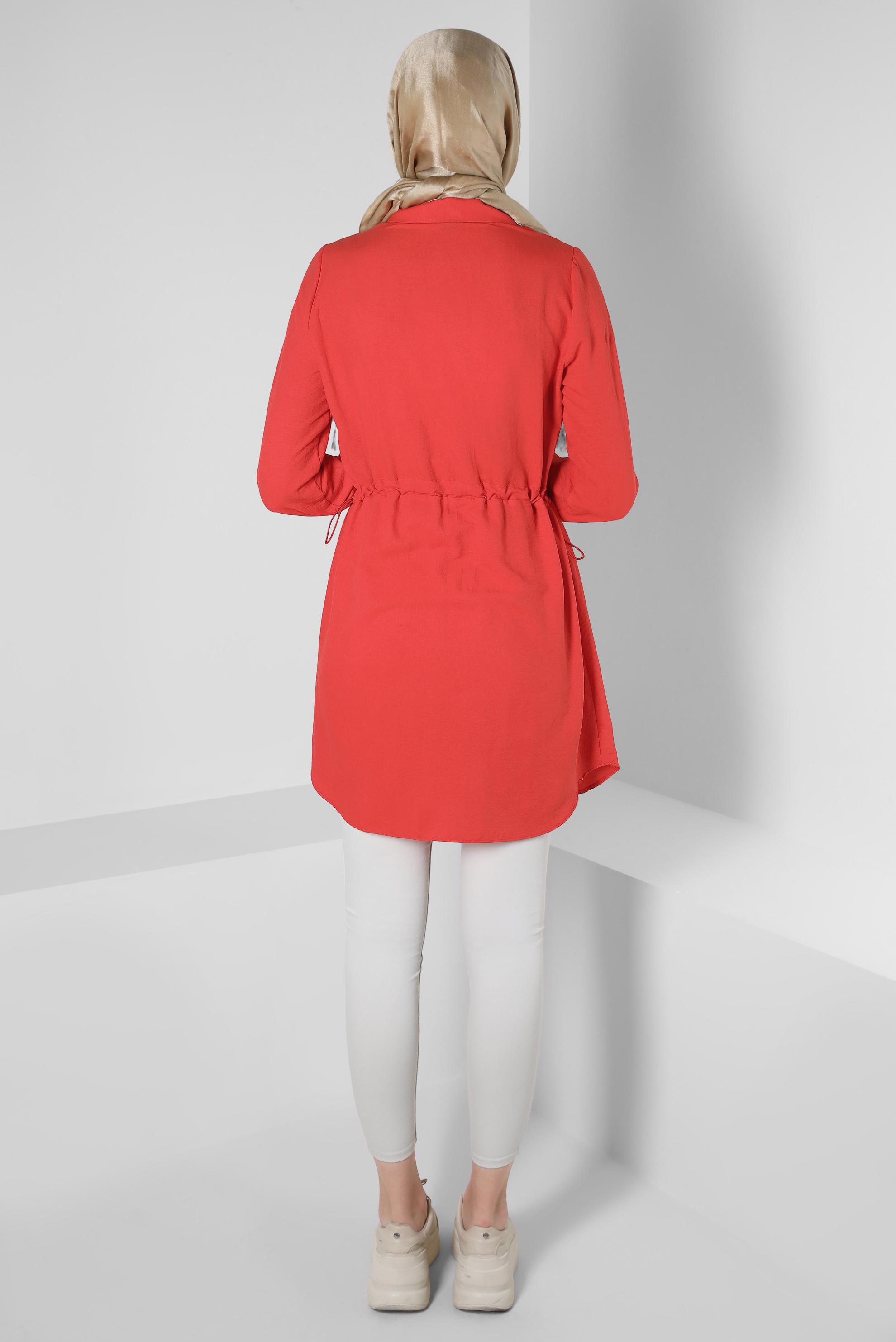 Tesettür giyim KIRMIZI BELİ BÜZGÜLÜ DÜĞMELİ TUNİK 43890