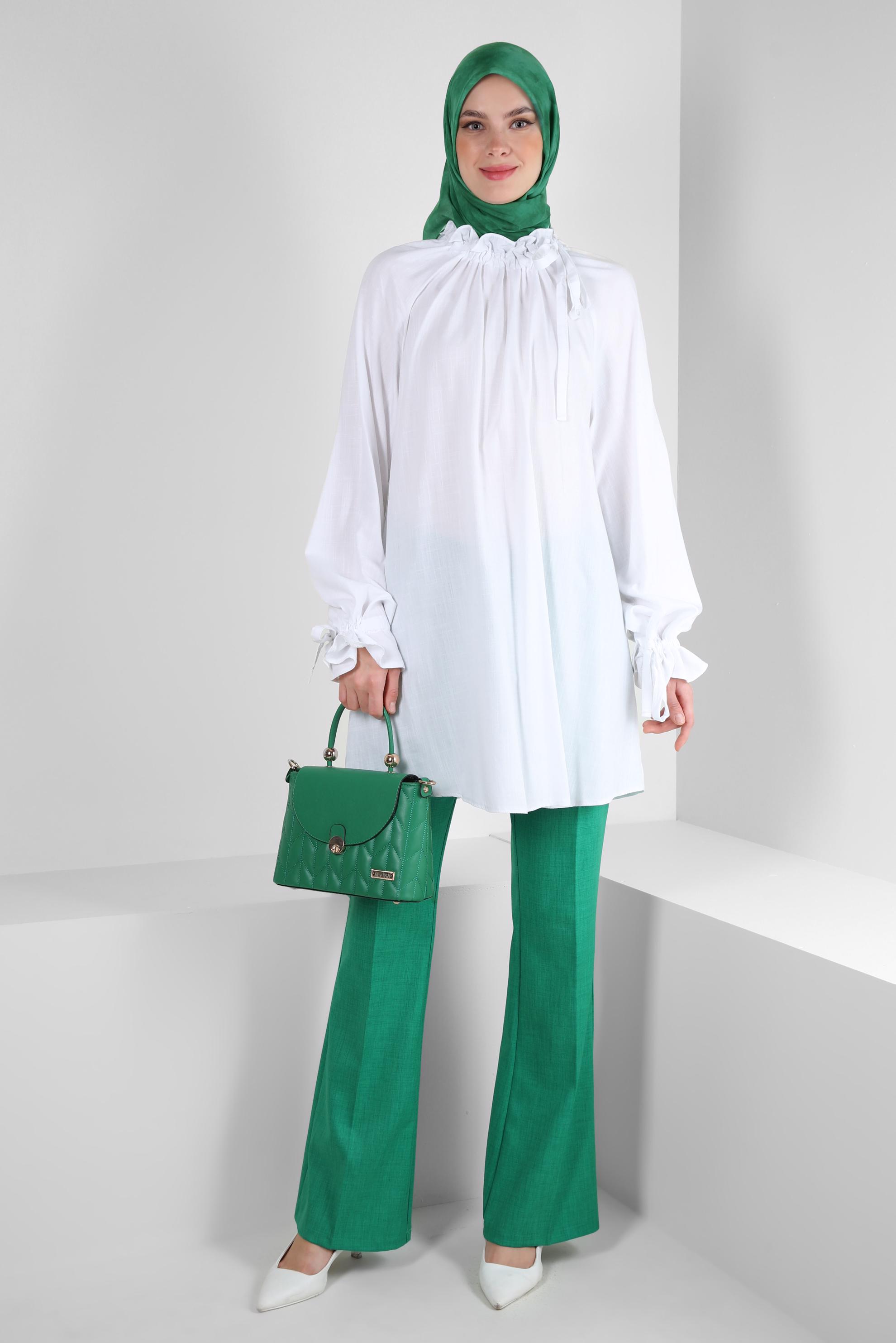 Tesettür giyim BEYAZ BÜZGÜLÜ BAĞLAMA DETAYLI TUNİK 43891