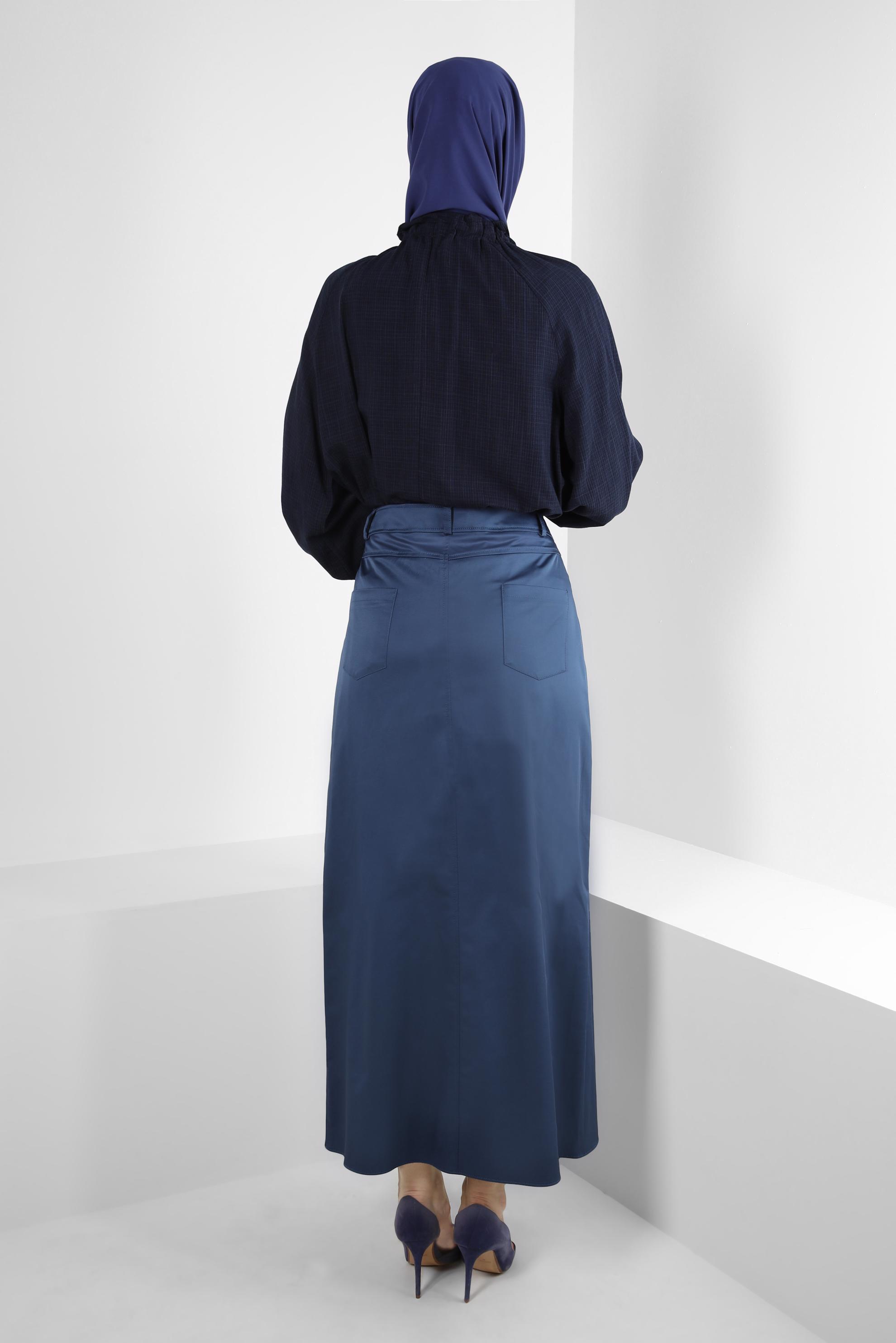 Tesettür giyim LACİVERT BÜZGÜLÜ BAĞLAMA DETAYLI TUNİK 43891