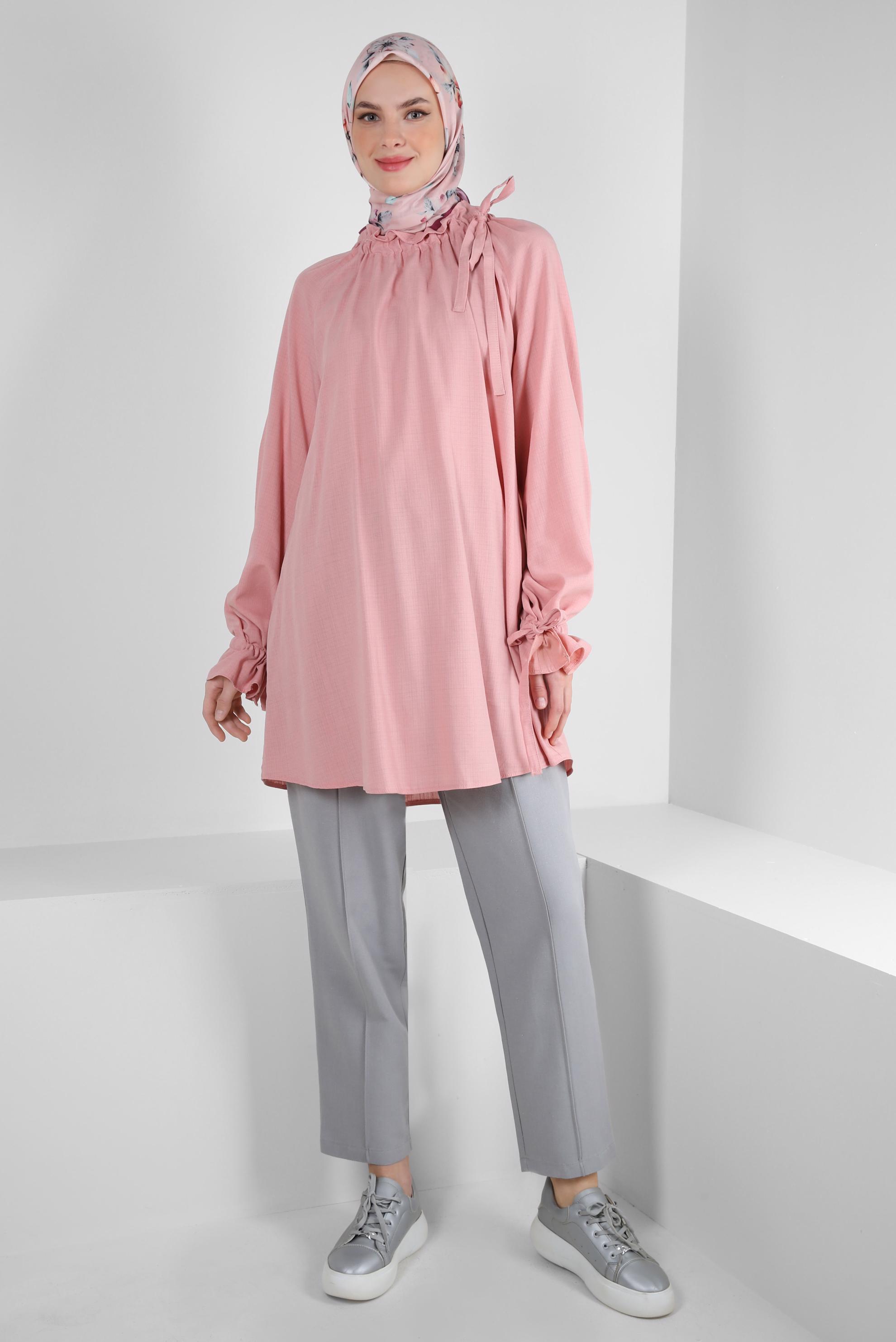 Tesettür giyim PUDRA BÜZGÜLÜ BAĞLAMA DETAYLI TUNİK 43891