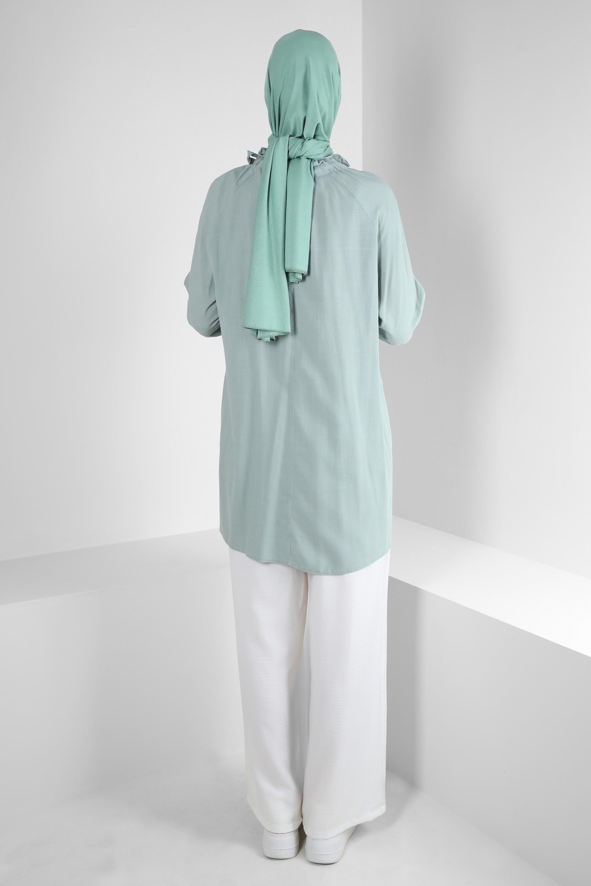 Tesettür giyim MAVİ BÜZGÜLÜ BAĞLAMA DETAYLI TUNİK 43891