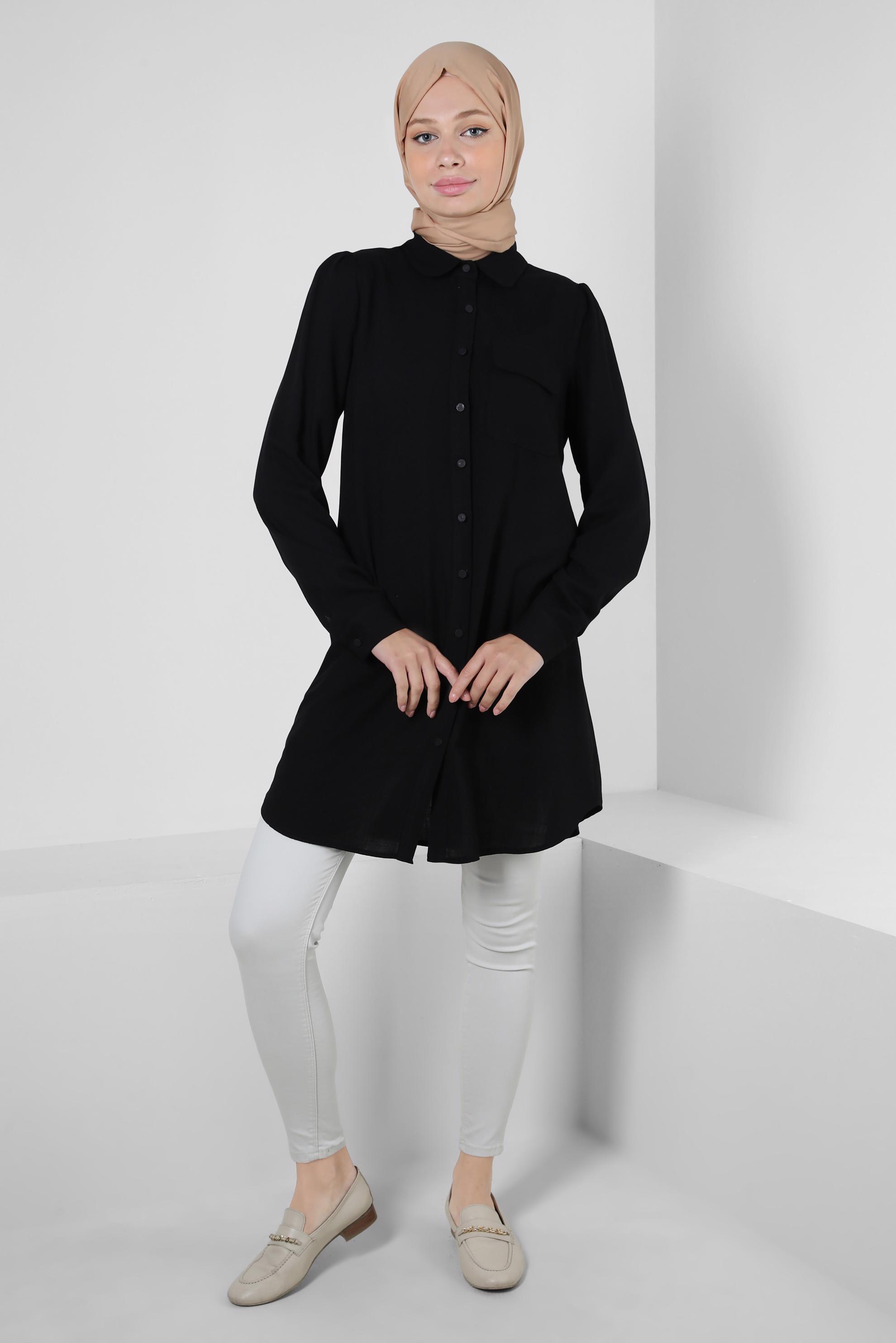 Tesettür giyim SİYAH GÖMLEK YAKA DÜĞMELİ TUNİK 43892