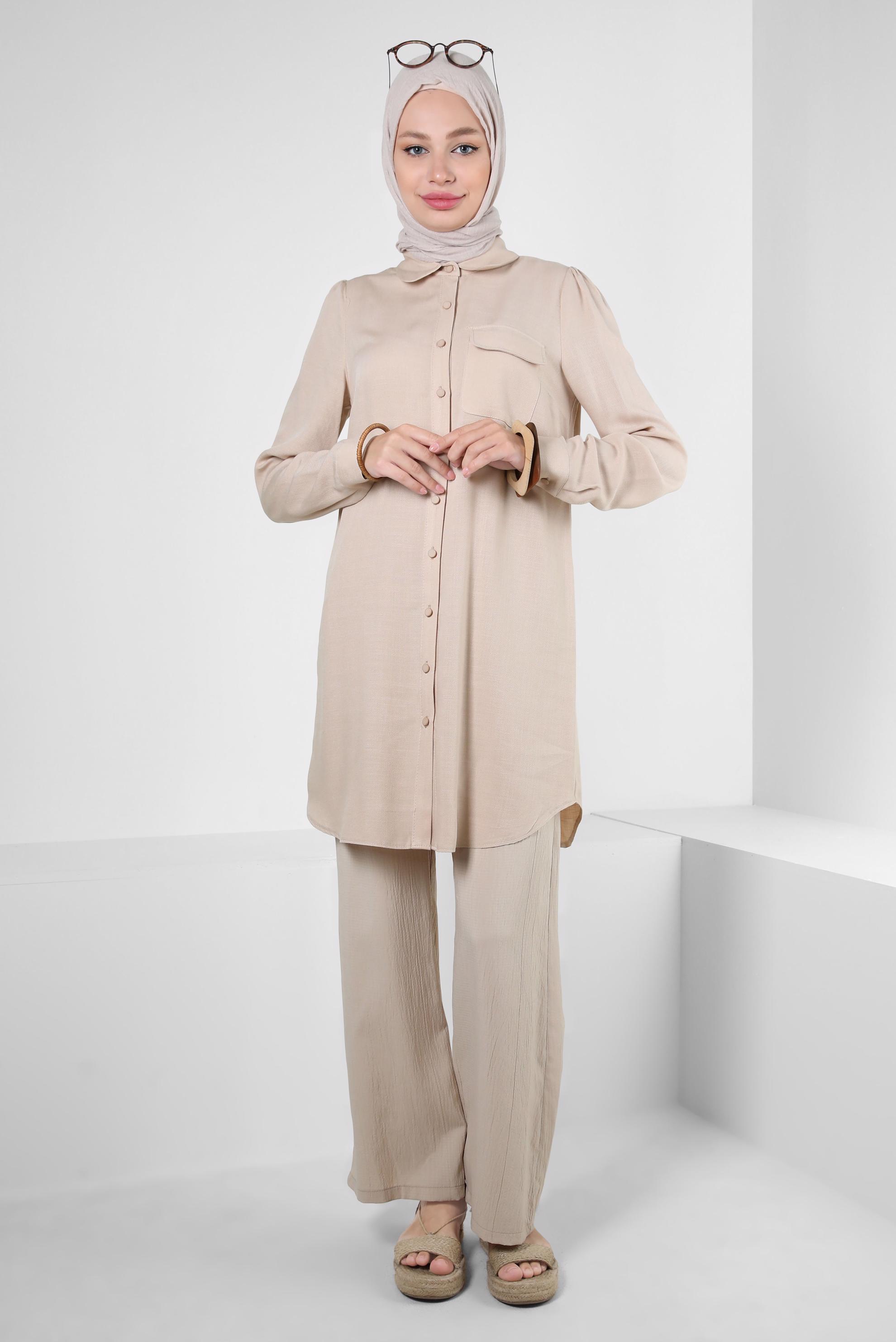 Tesettür giyim BEJ GÖMLEK YAKA DÜĞMELİ TUNİK 43892