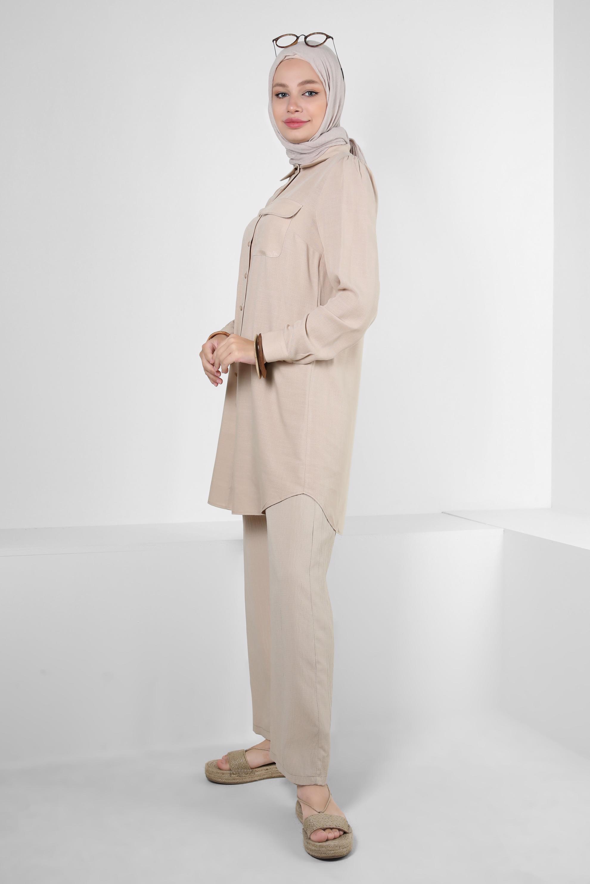 Tesettür giyim BEJ GÖMLEK YAKA DÜĞMELİ TUNİK 43892