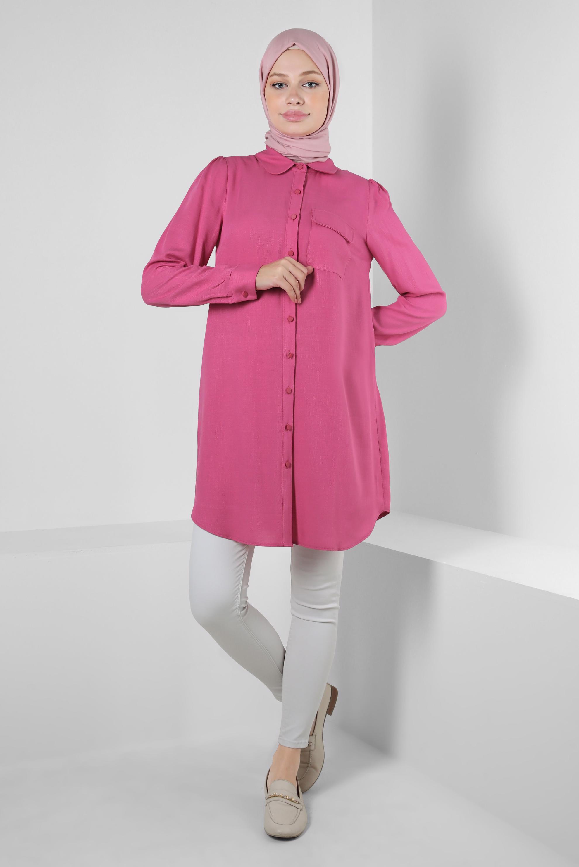 Tesettür giyim FUŞYA GÖMLEK YAKA DÜĞMELİ TUNİK 43892