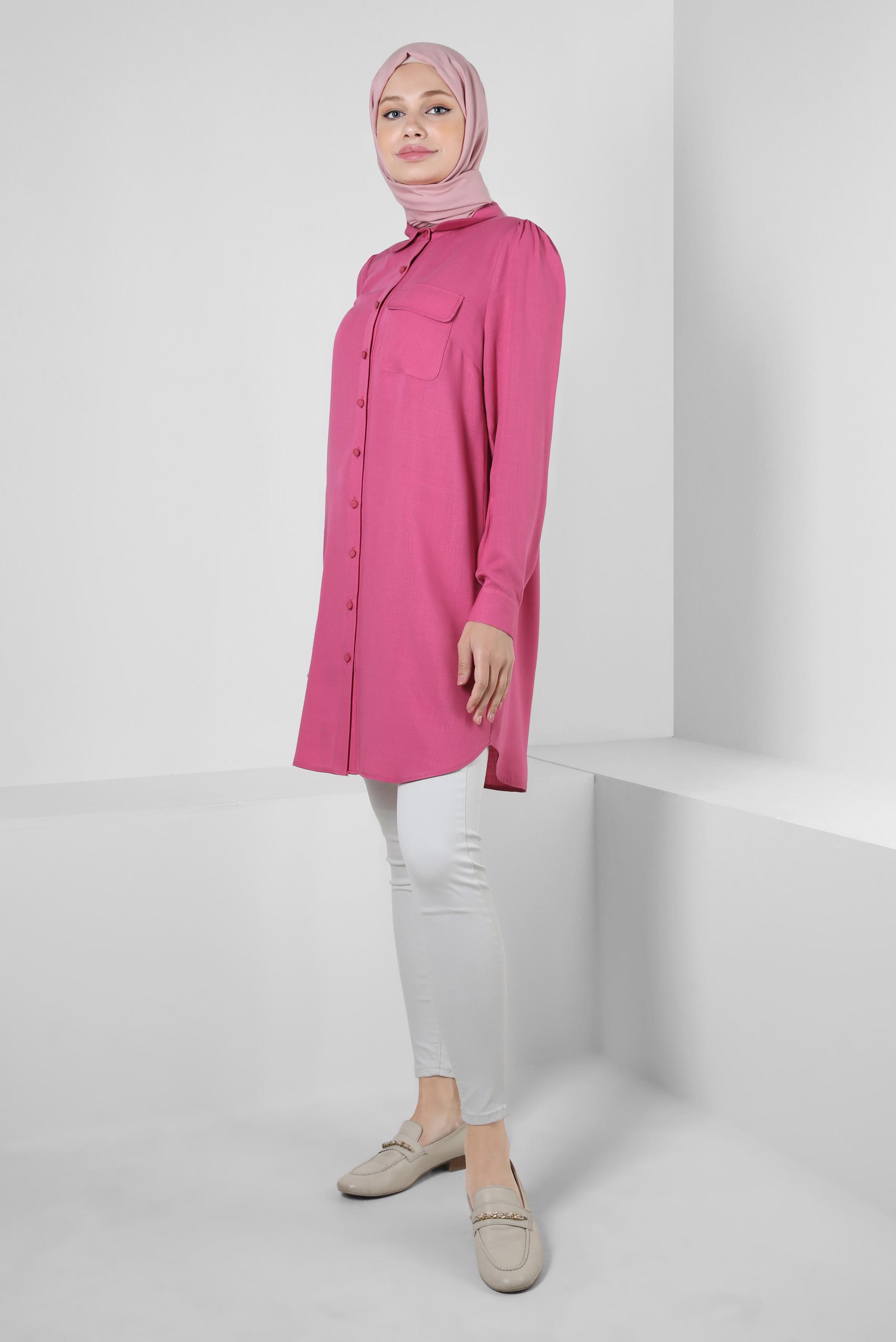 Tesettür giyim FUŞYA GÖMLEK YAKA DÜĞMELİ TUNİK 43892
