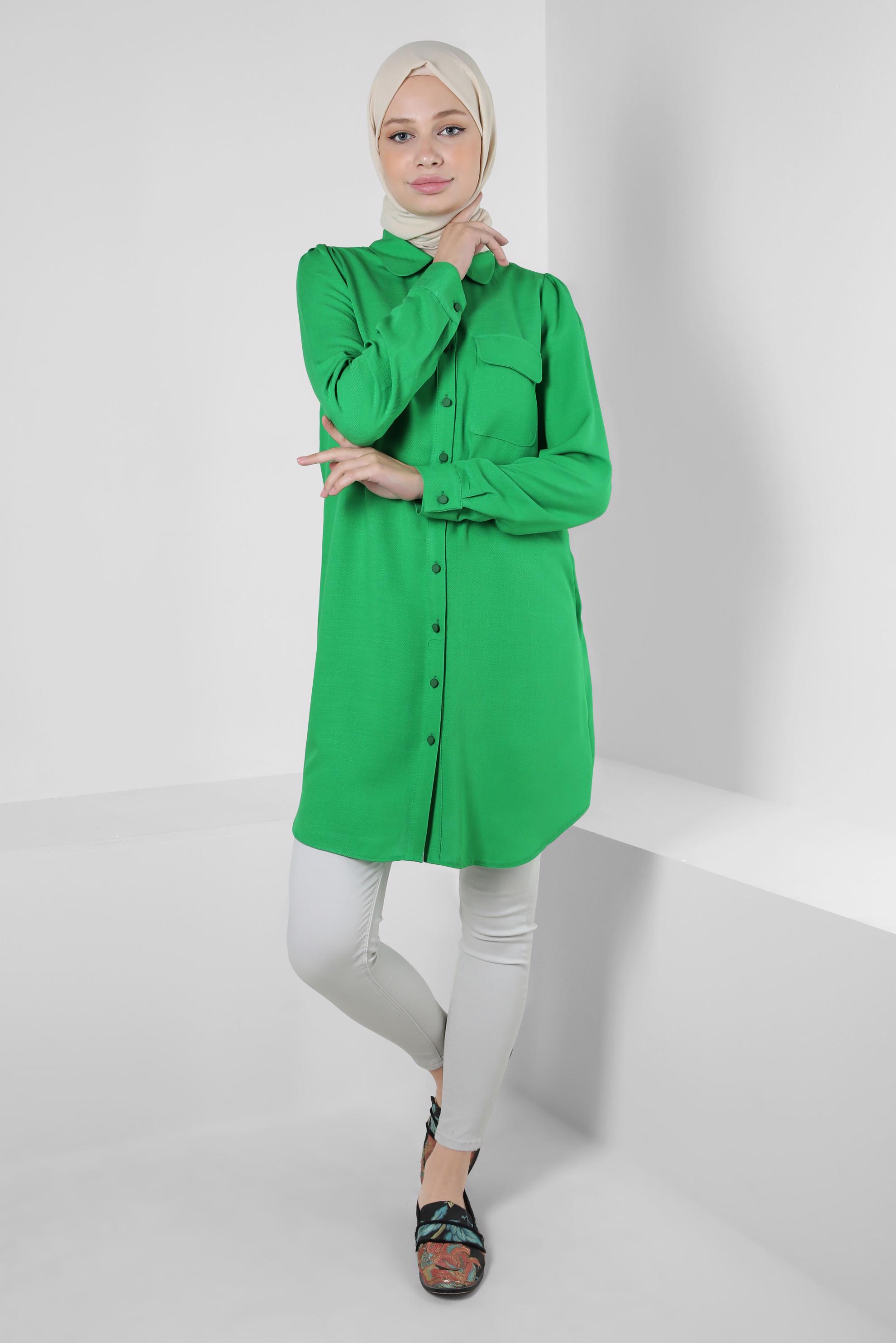 Tesettür giyim YEŞİL GÖMLEK YAKA DÜĞMELİ TUNİK 43892
