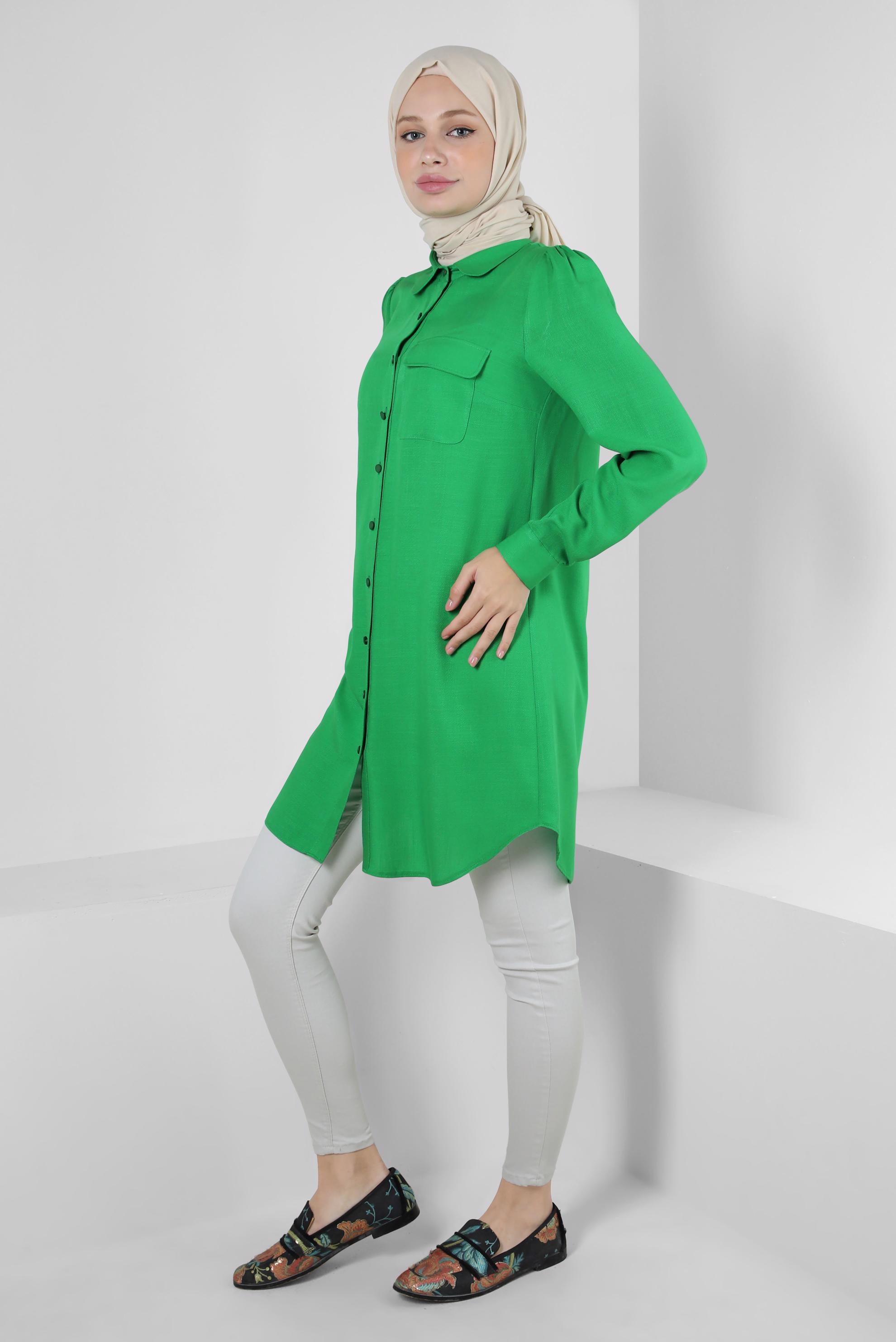 Tesettür giyim YEŞİL GÖMLEK YAKA DÜĞMELİ TUNİK 43892