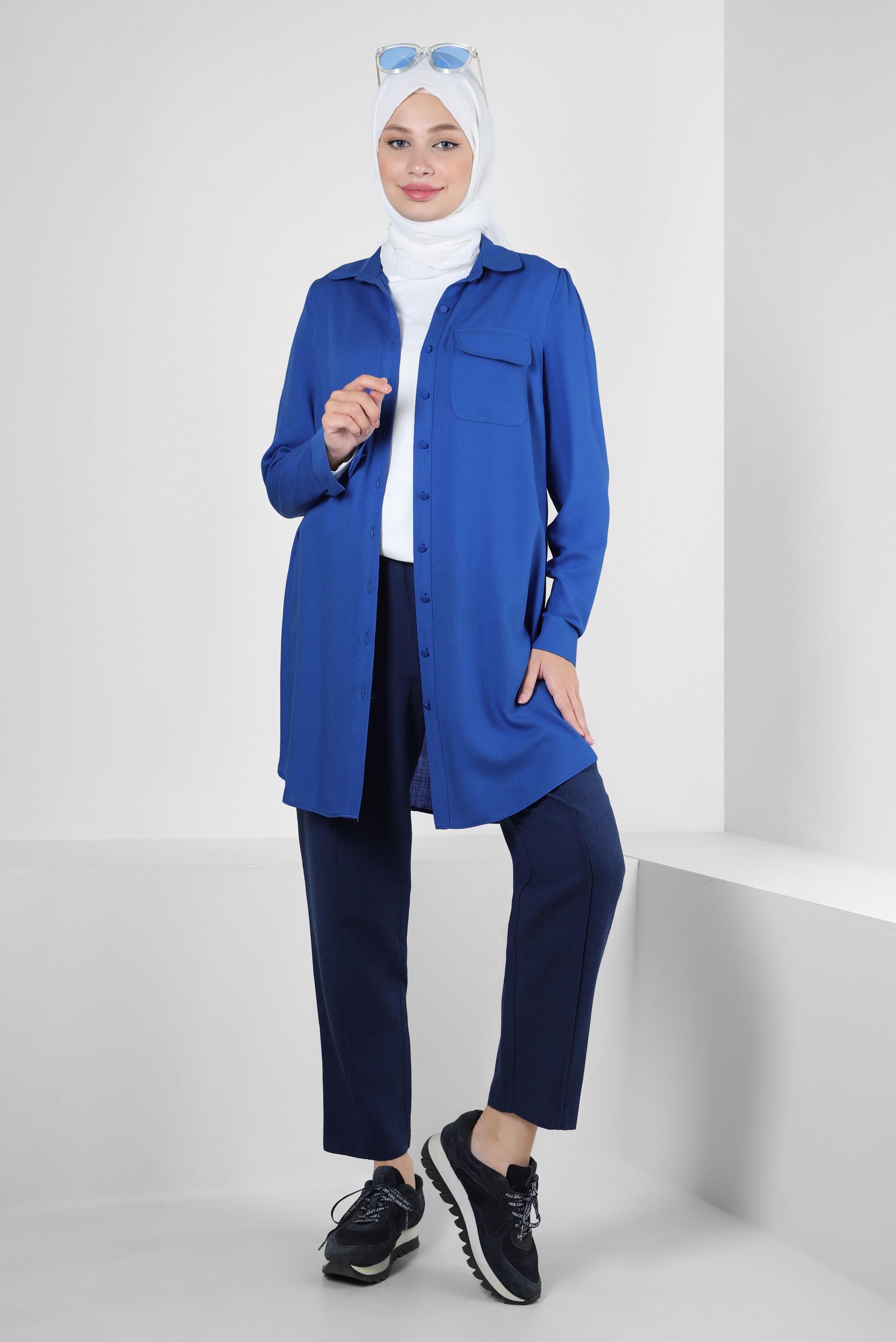 Tesettür giyim LACİVERT GÖMLEK YAKA DÜĞMELİ TUNİK 43892
