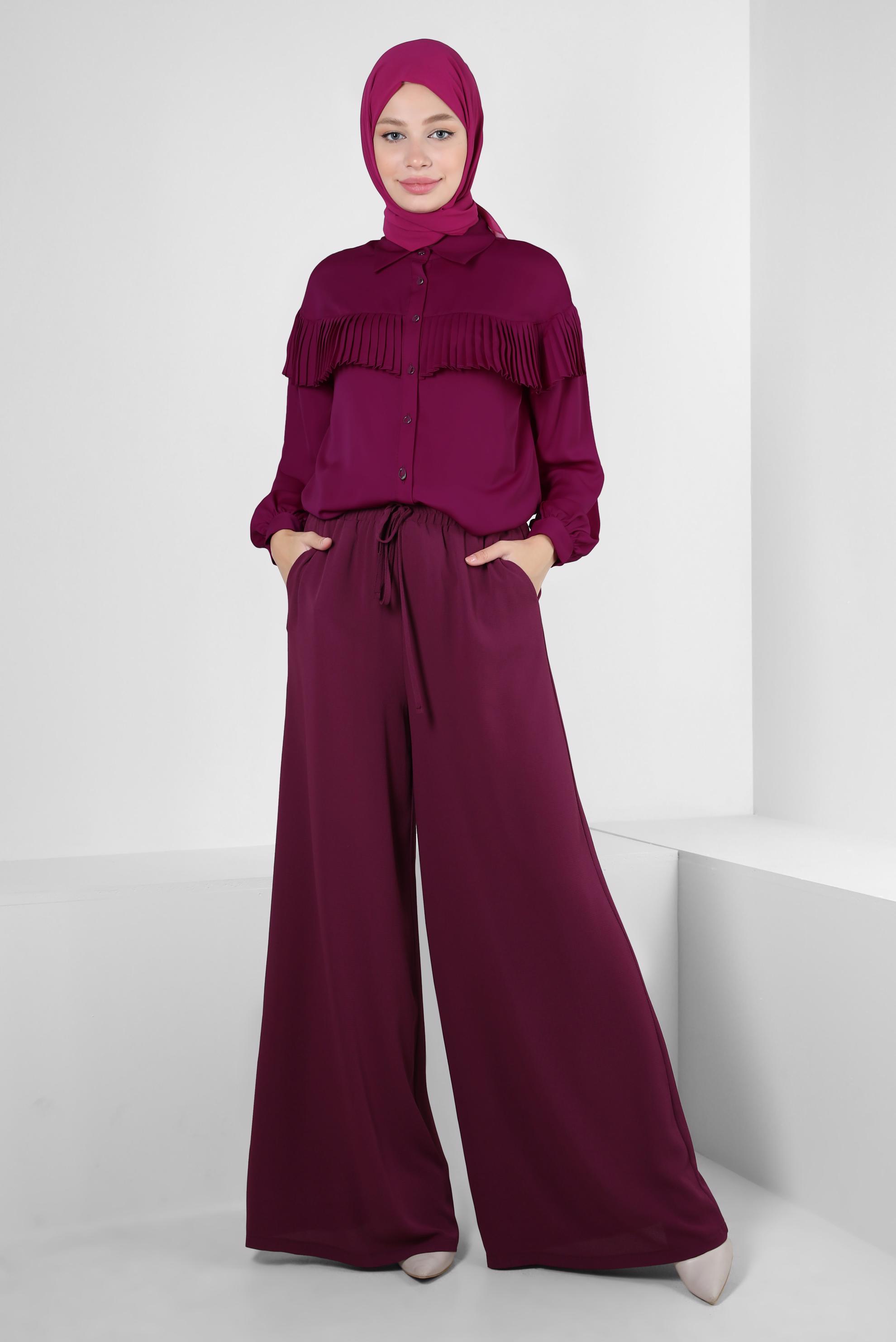 Tesettür giyim MOR MANŞETLERİ DÜĞMELİ FIRFIR DETAYLI TUNİK 43895