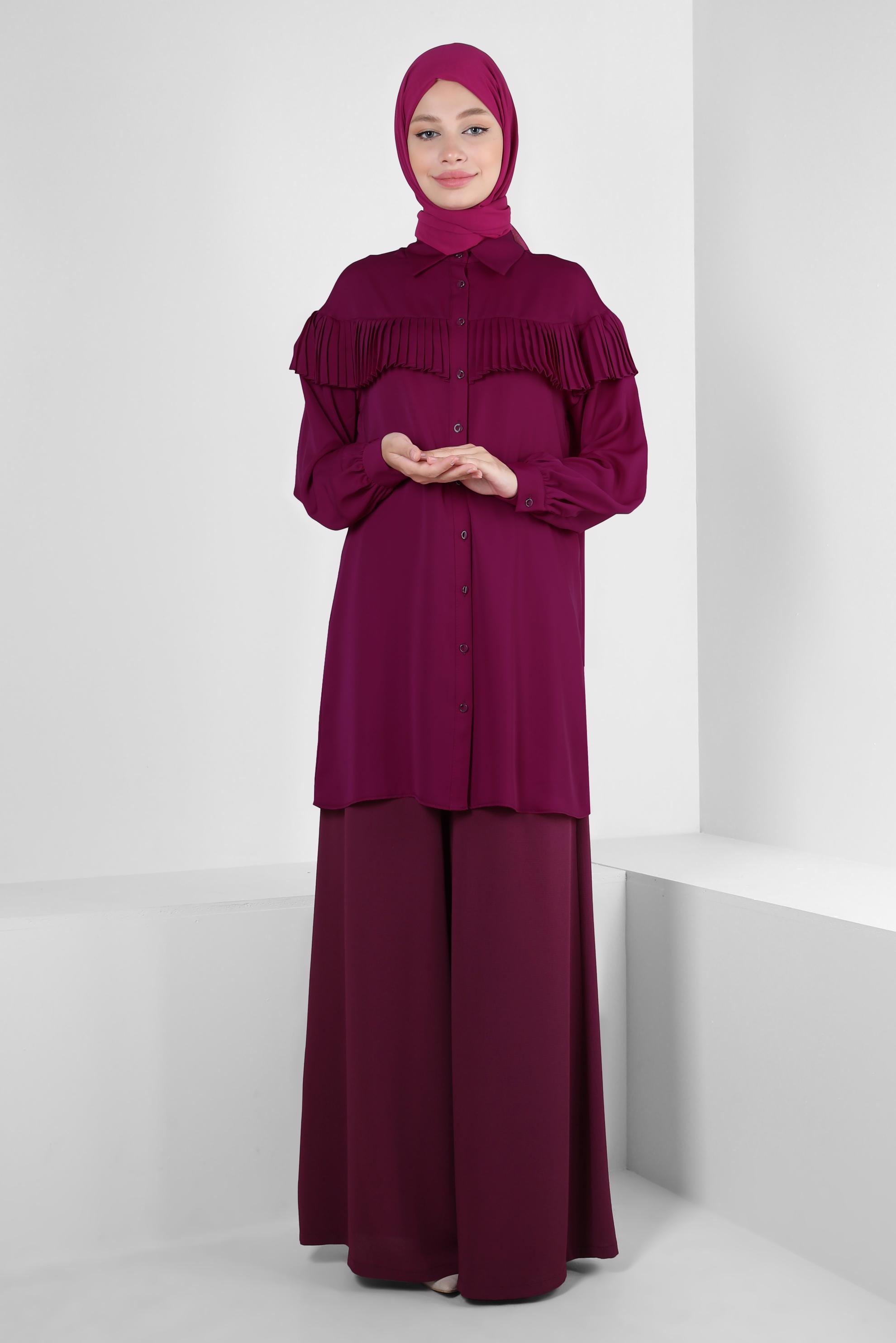 Tesettür giyim MOR MANŞETLERİ DÜĞMELİ FIRFIR DETAYLI TUNİK 43895