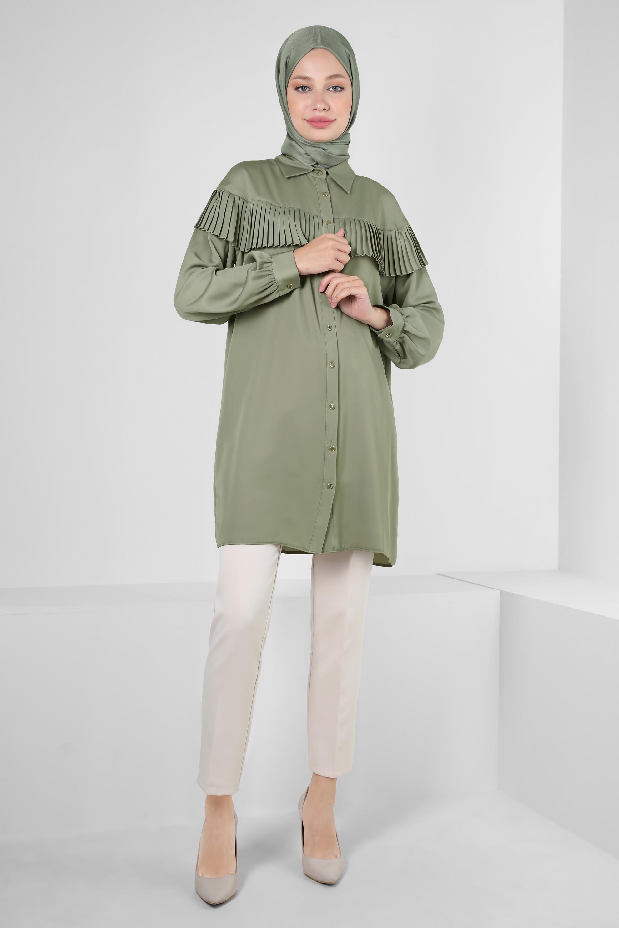 Tesettür giyim HAKİ MANŞETLERİ DÜĞMELİ FIRFIR DETAYLI TUNİK 43895