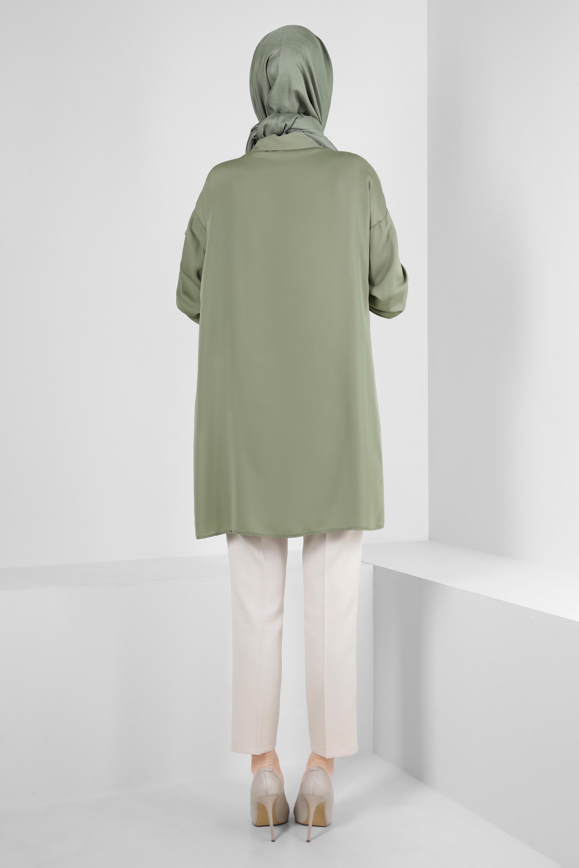 Tesettür giyim HAKİ MANŞETLERİ DÜĞMELİ FIRFIR DETAYLI TUNİK 43895