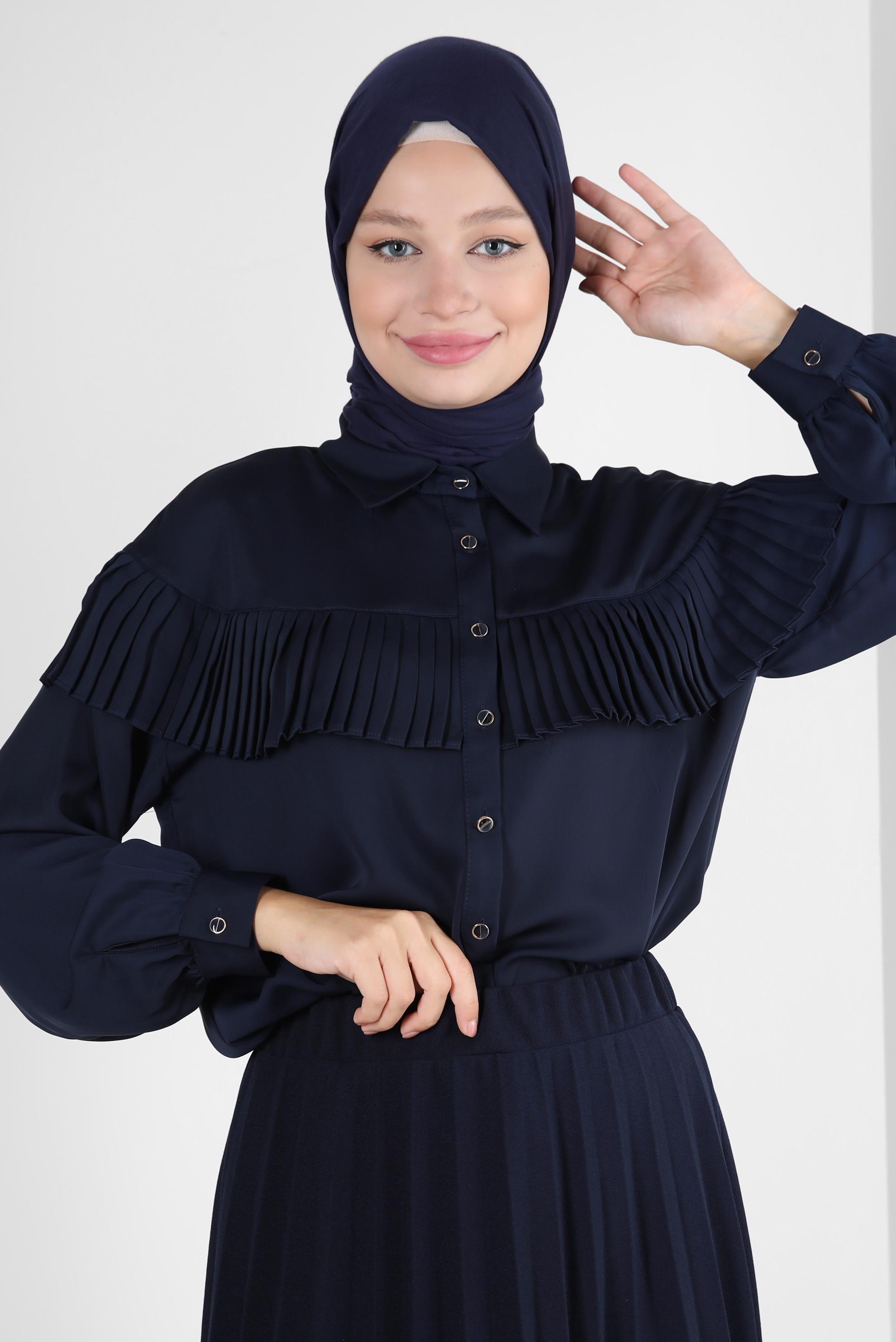 Tesettür giyim LACİVERT MANŞETLERİ DÜĞMELİ FIRFIR DETAYLI TUNİK 43895
