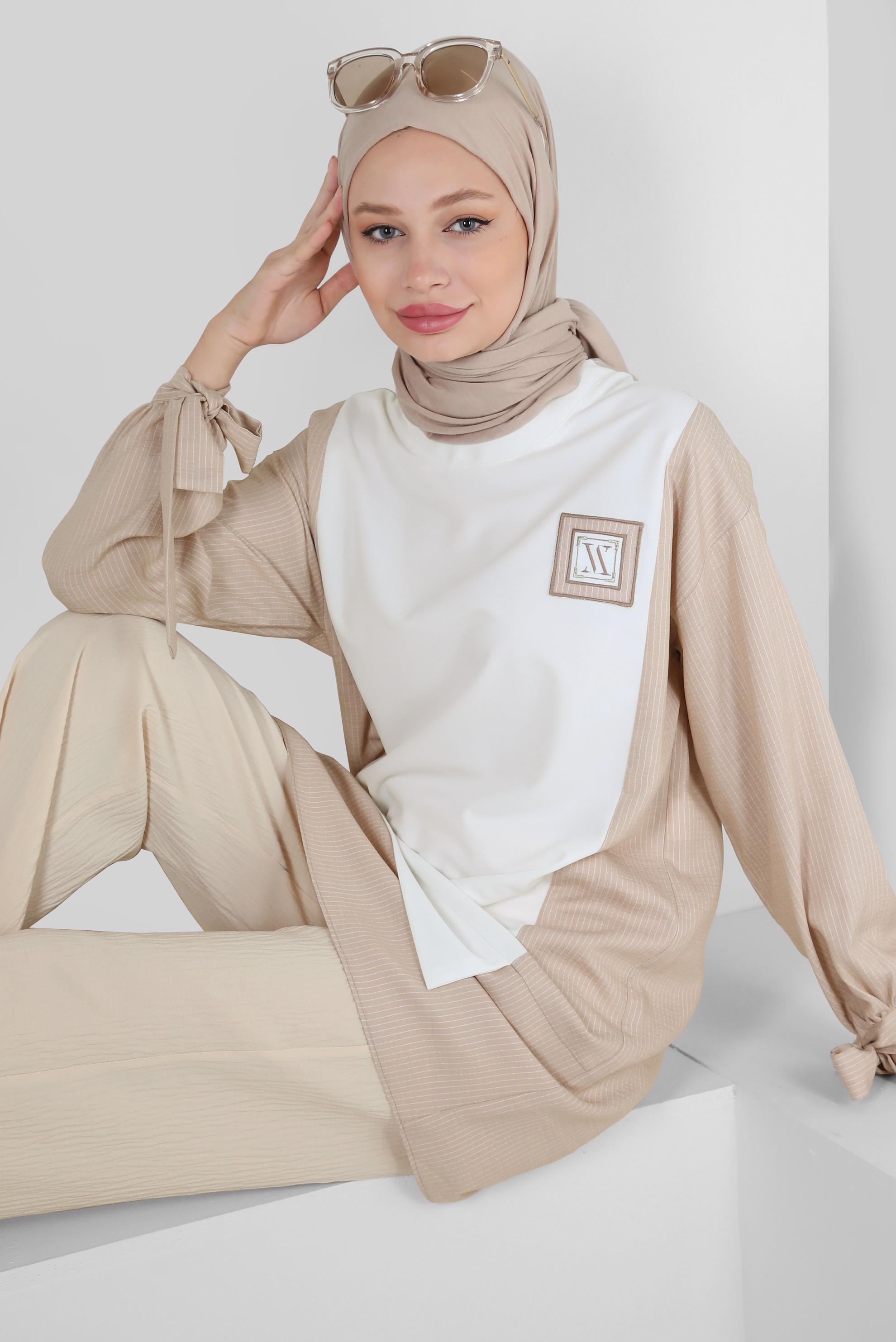 Tesettür giyim BEJ İKİ RENKLİ MANŞETLERİ BAĞLAMA DETAYLI TUNİK 43905