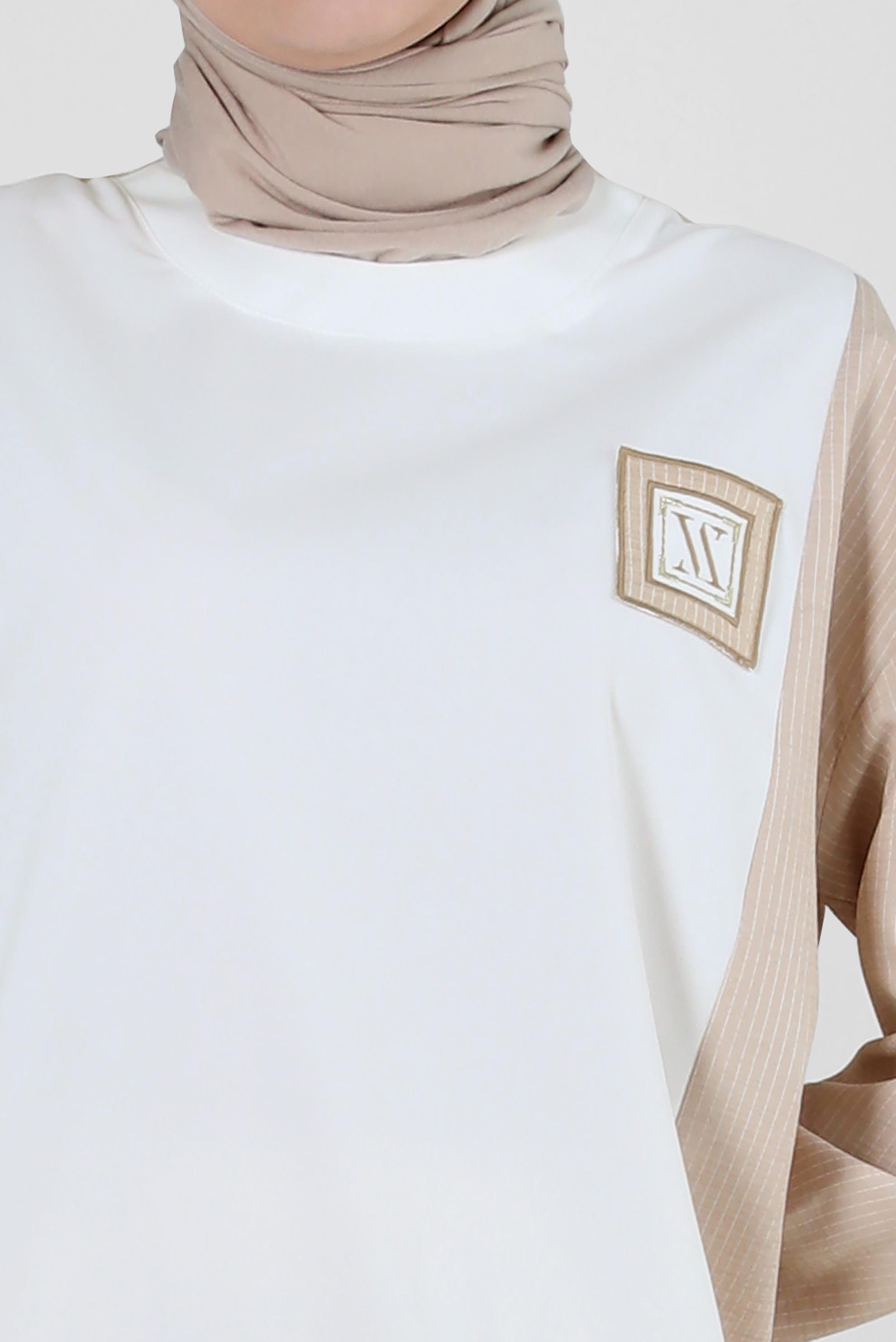 Tesettür giyim BEJ İKİ RENKLİ MANŞETLERİ BAĞLAMA DETAYLI TUNİK 43905