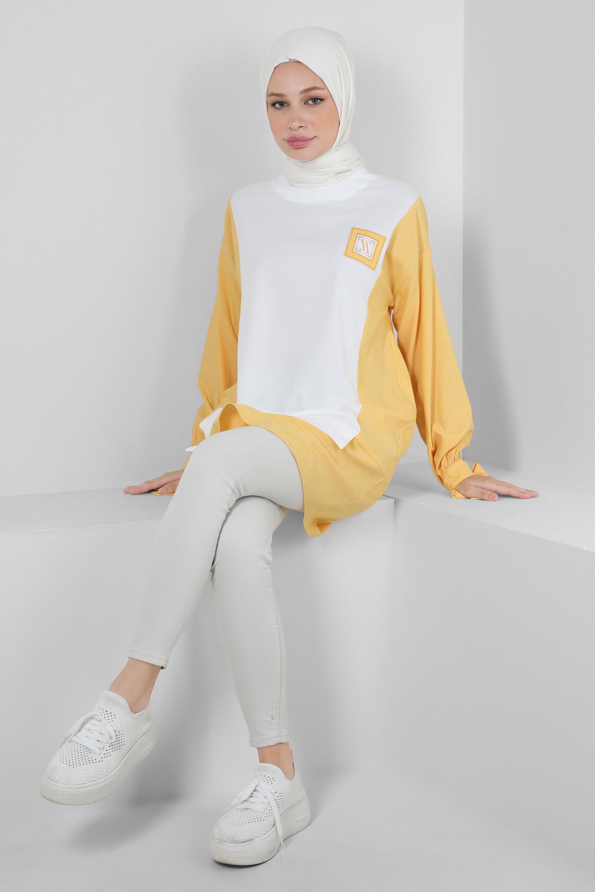 Tesettür giyim SARI İKİ RENKLİ MANŞETLERİ BAĞLAMA DETAYLI TUNİK 43905