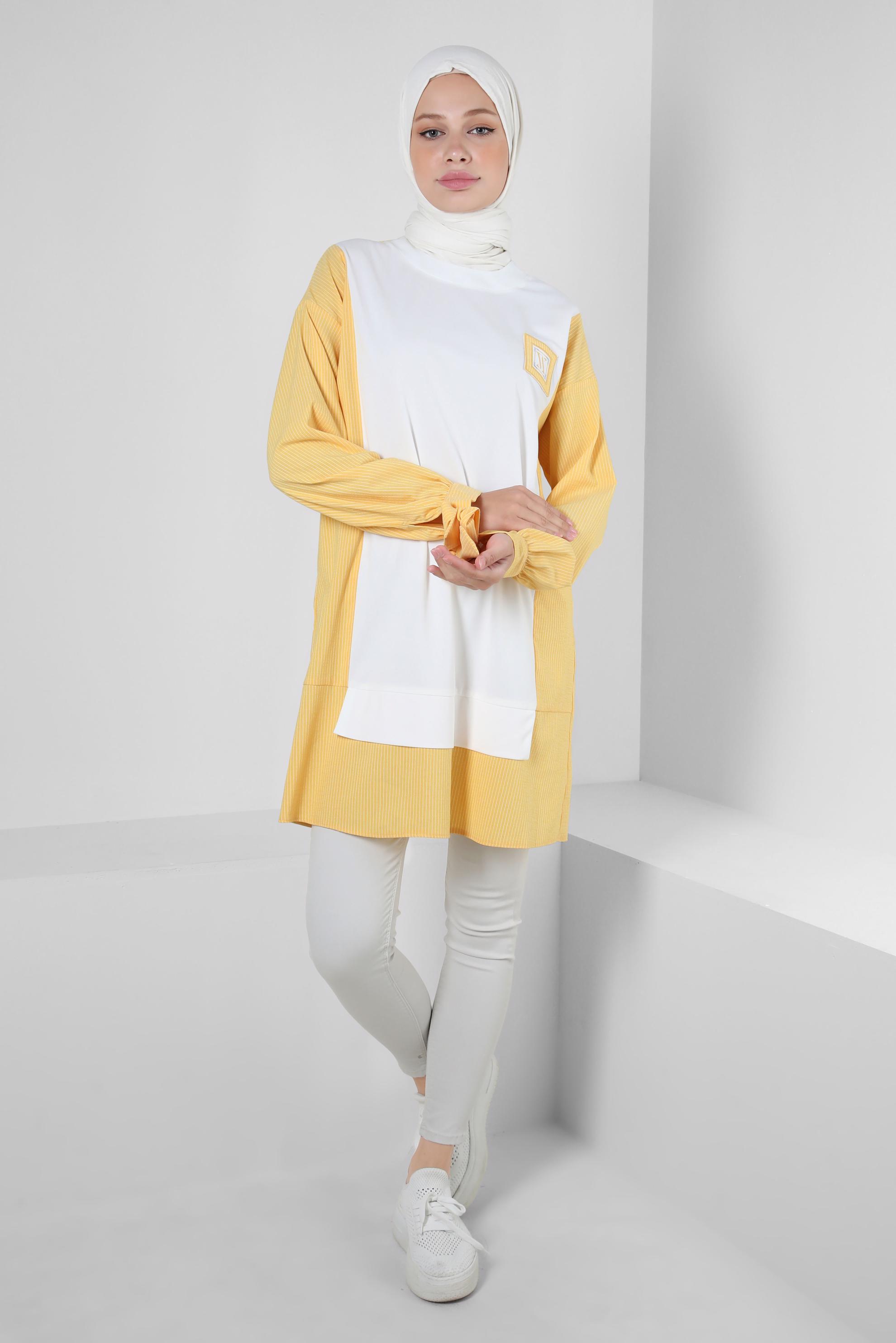 Tesettür giyim SARI İKİ RENKLİ MANŞETLERİ BAĞLAMA DETAYLI TUNİK 43905