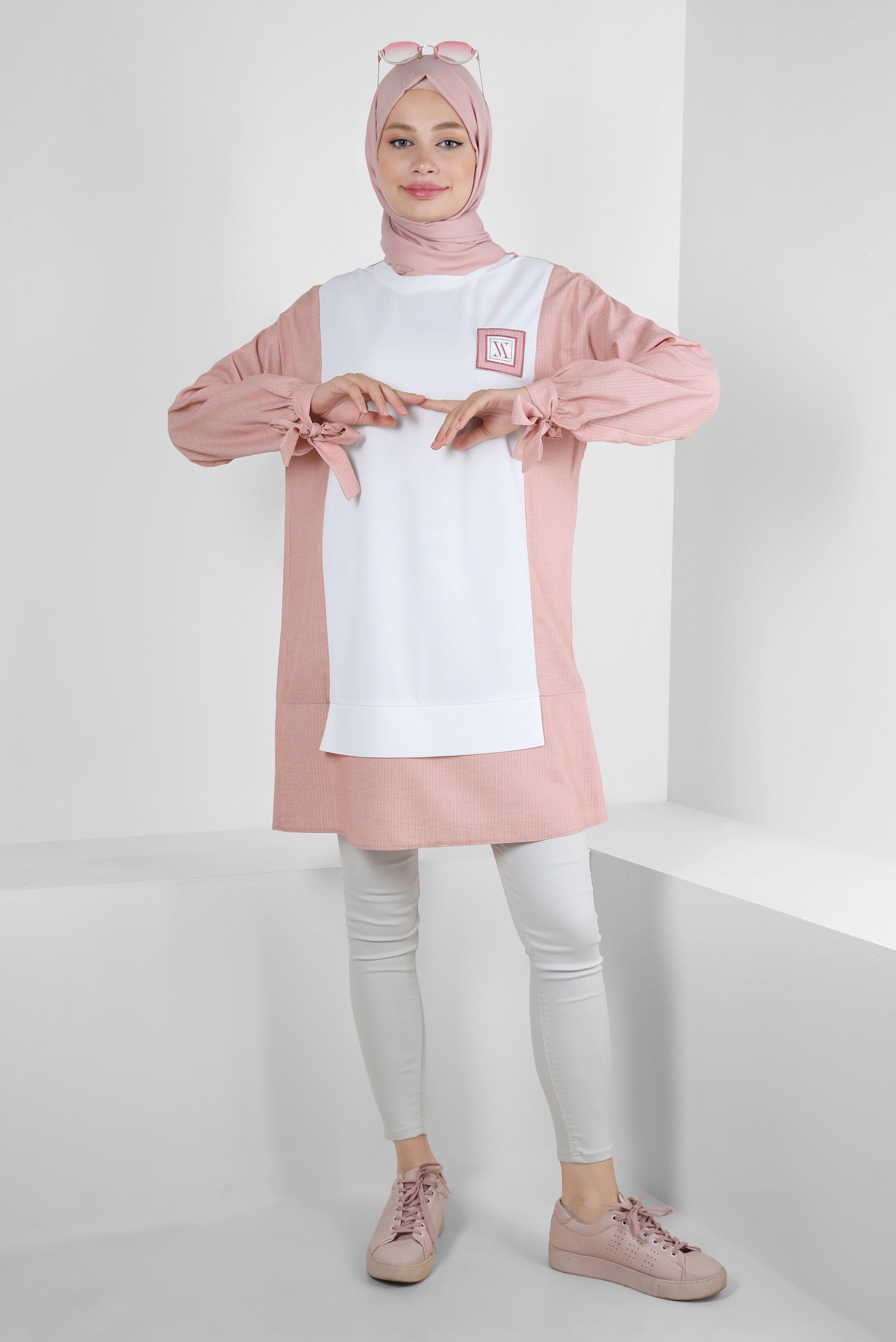 Tesettür giyim PUDRA İKİ RENKLİ MANŞETLERİ BAĞLAMA DETAYLI TUNİK 43905
