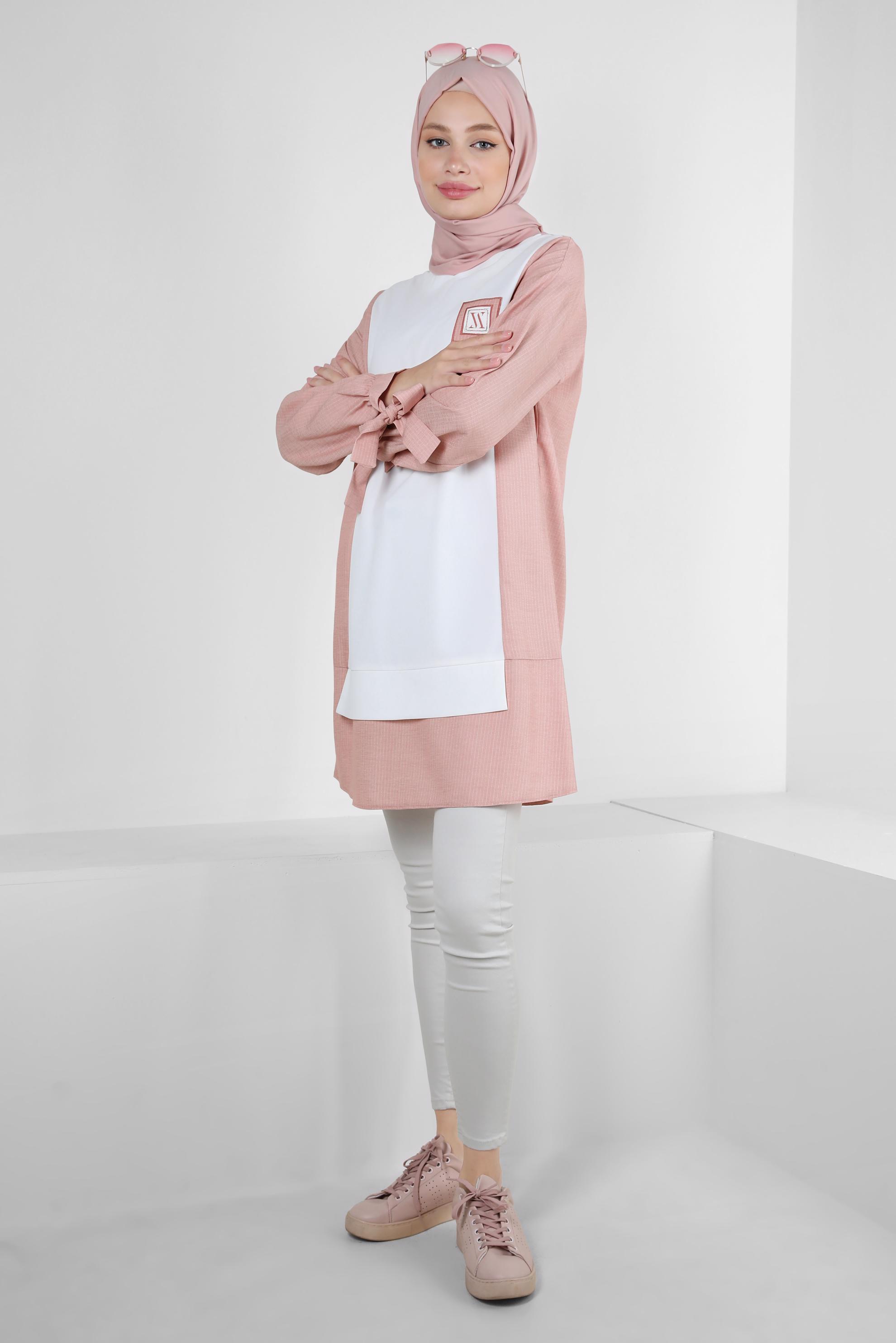 Tesettür giyim PUDRA İKİ RENKLİ MANŞETLERİ BAĞLAMA DETAYLI TUNİK 43905