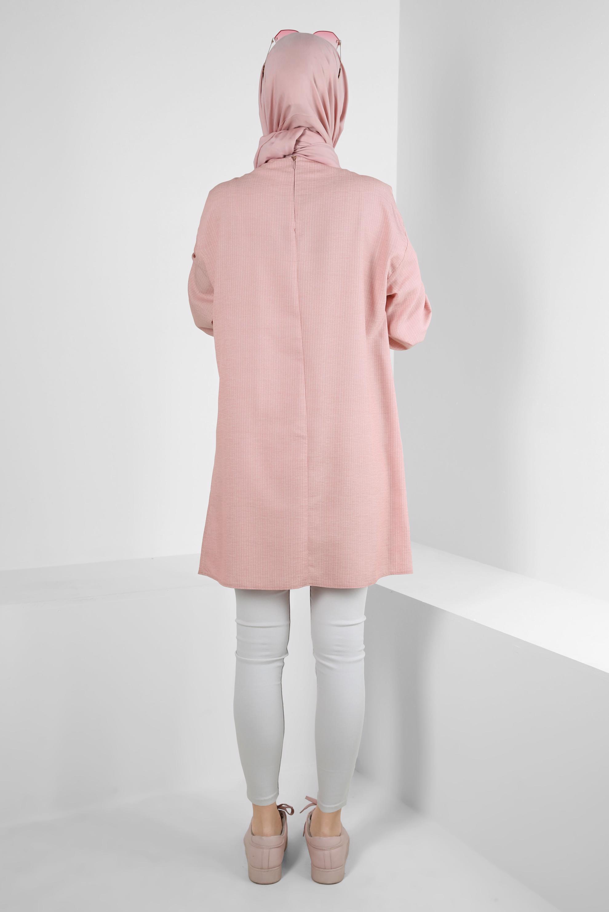 Tesettür giyim PUDRA İKİ RENKLİ MANŞETLERİ BAĞLAMA DETAYLI TUNİK 43905