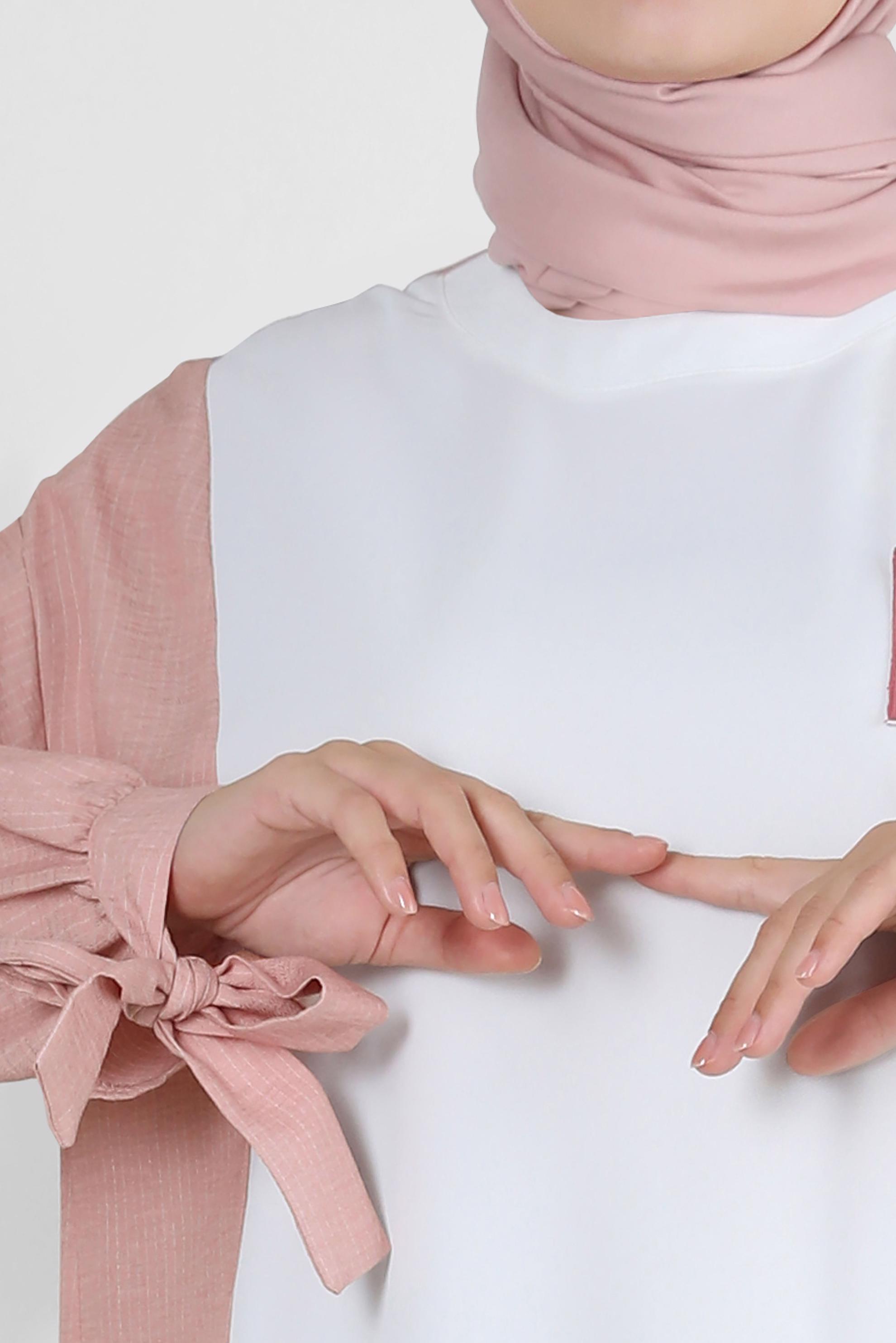 Tesettür giyim PUDRA İKİ RENKLİ MANŞETLERİ BAĞLAMA DETAYLI TUNİK 43905