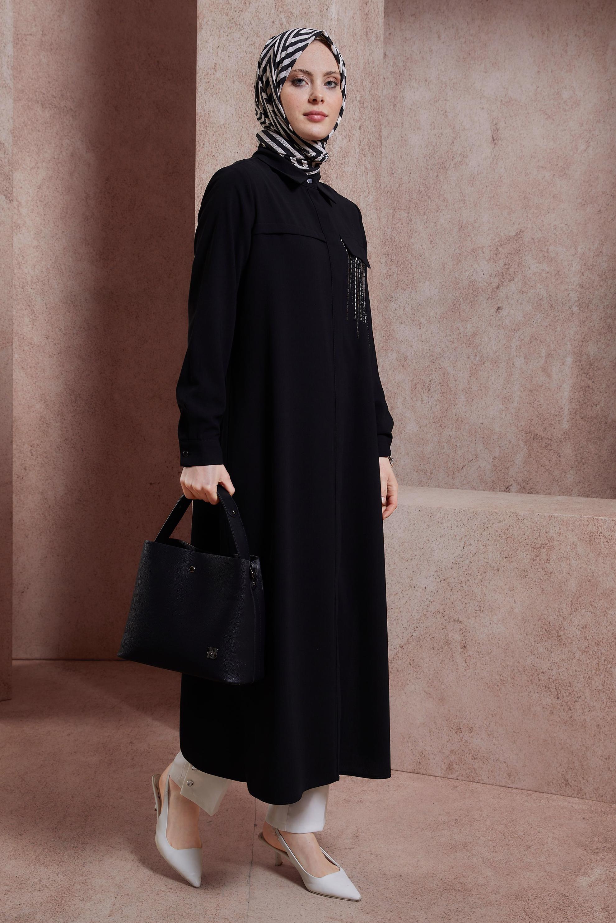 Tesettür giyim SİYAH TAŞ DETAYLI UZUN TUNİK 43906