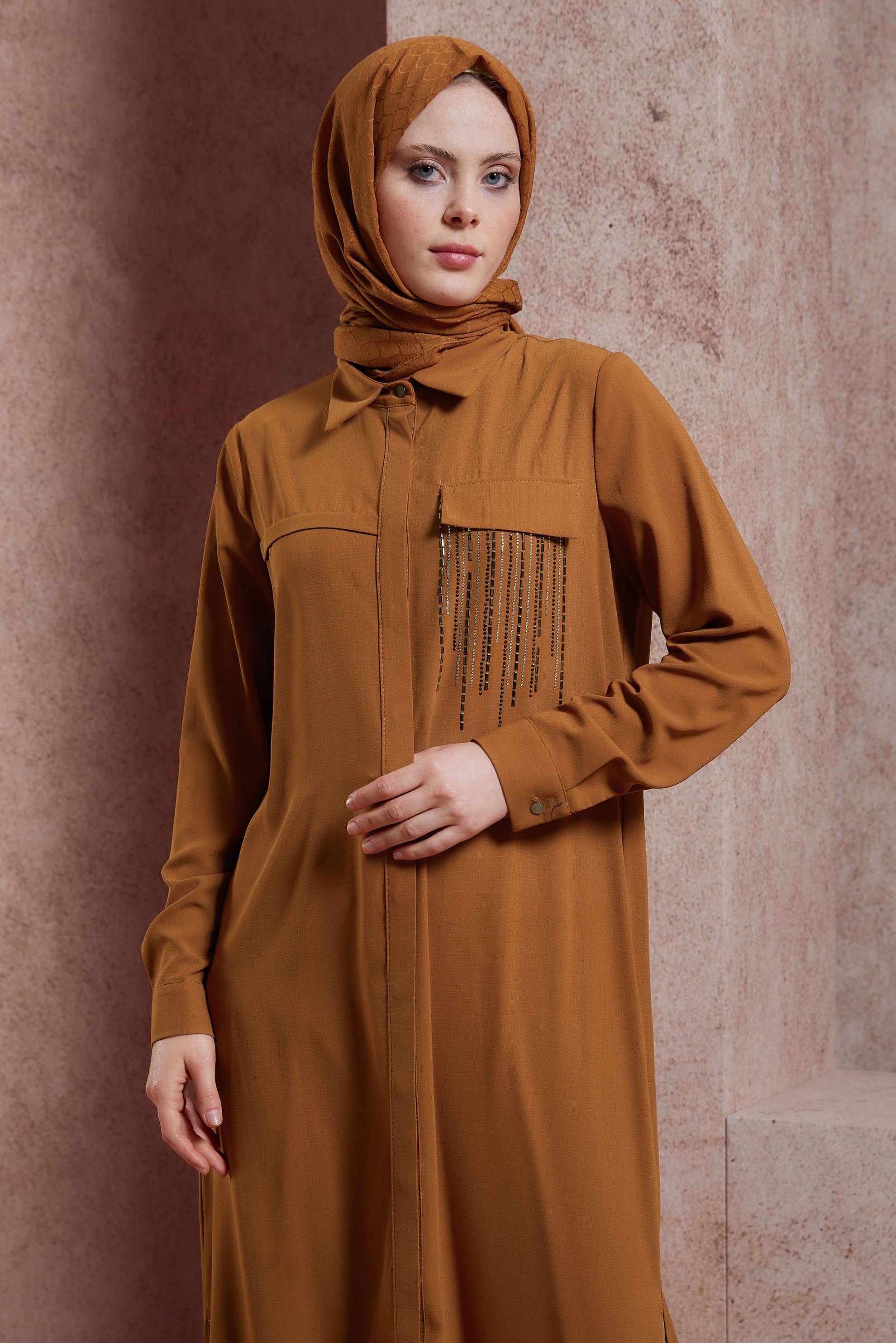 Tesettür giyim SARI TAŞ DETAYLI UZUN TUNİK 43906