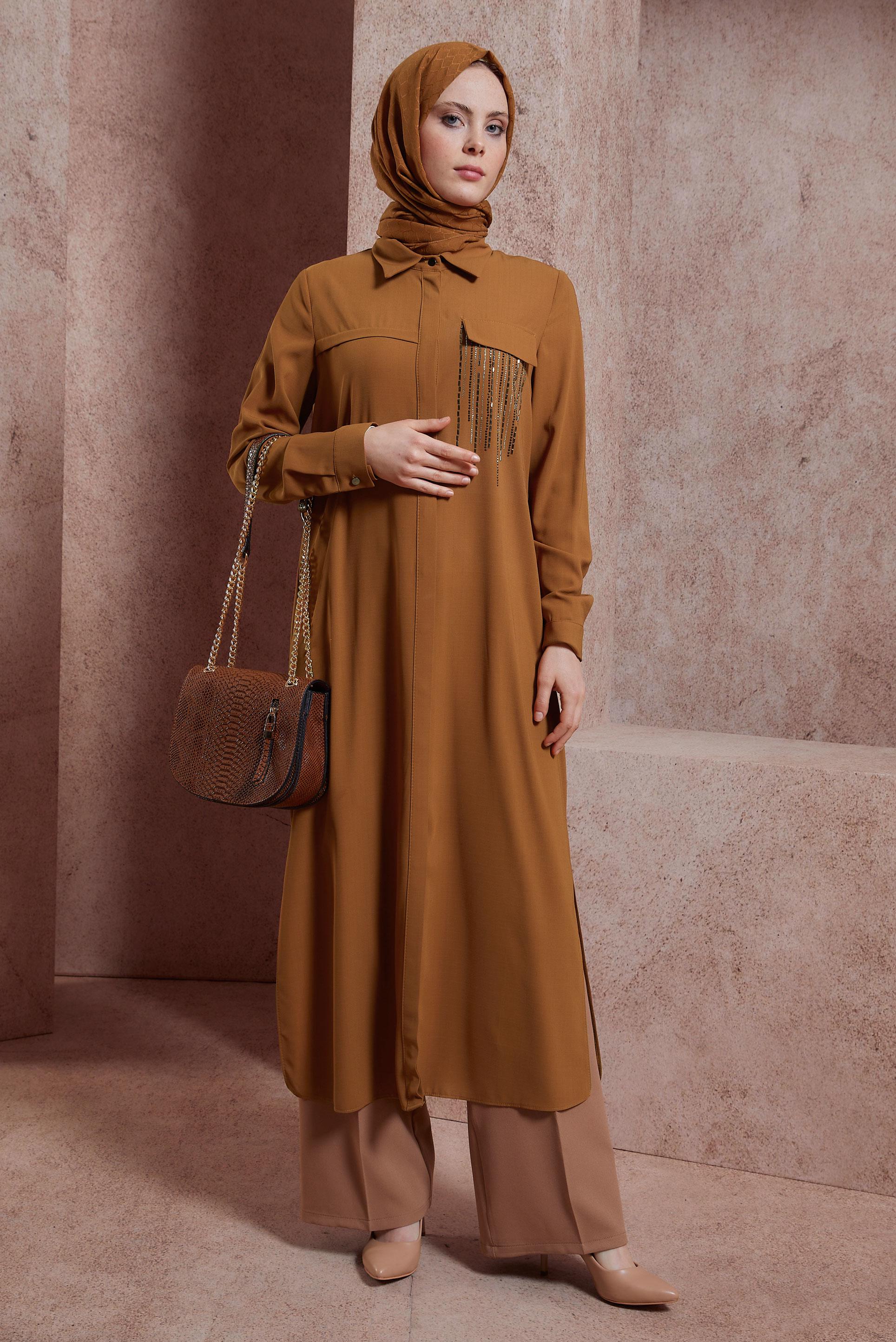 Tesettür giyim SARI TAŞ DETAYLI UZUN TUNİK 43906