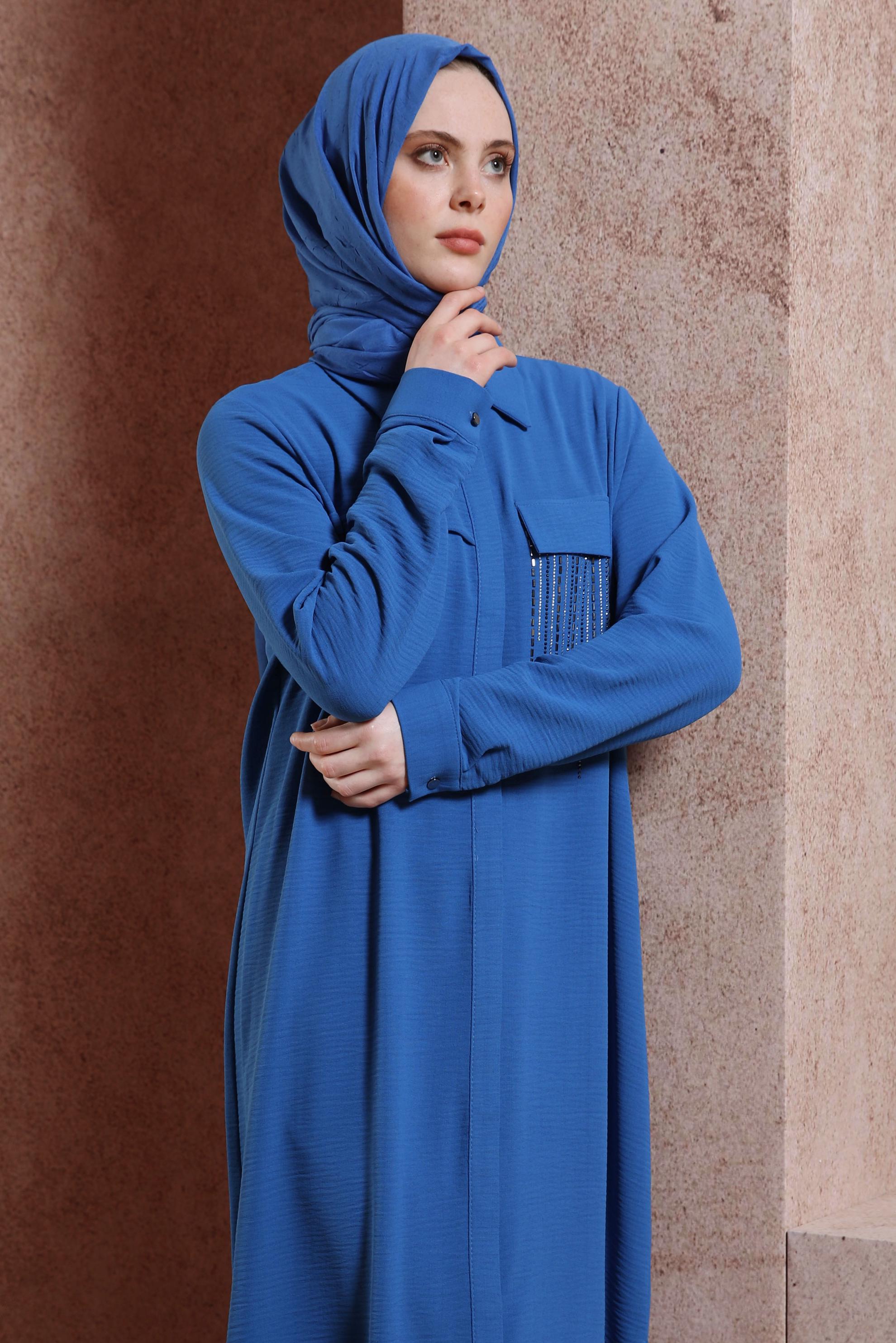 Tesettür giyim LACİVERT TAŞ DETAYLI UZUN TUNİK 43906