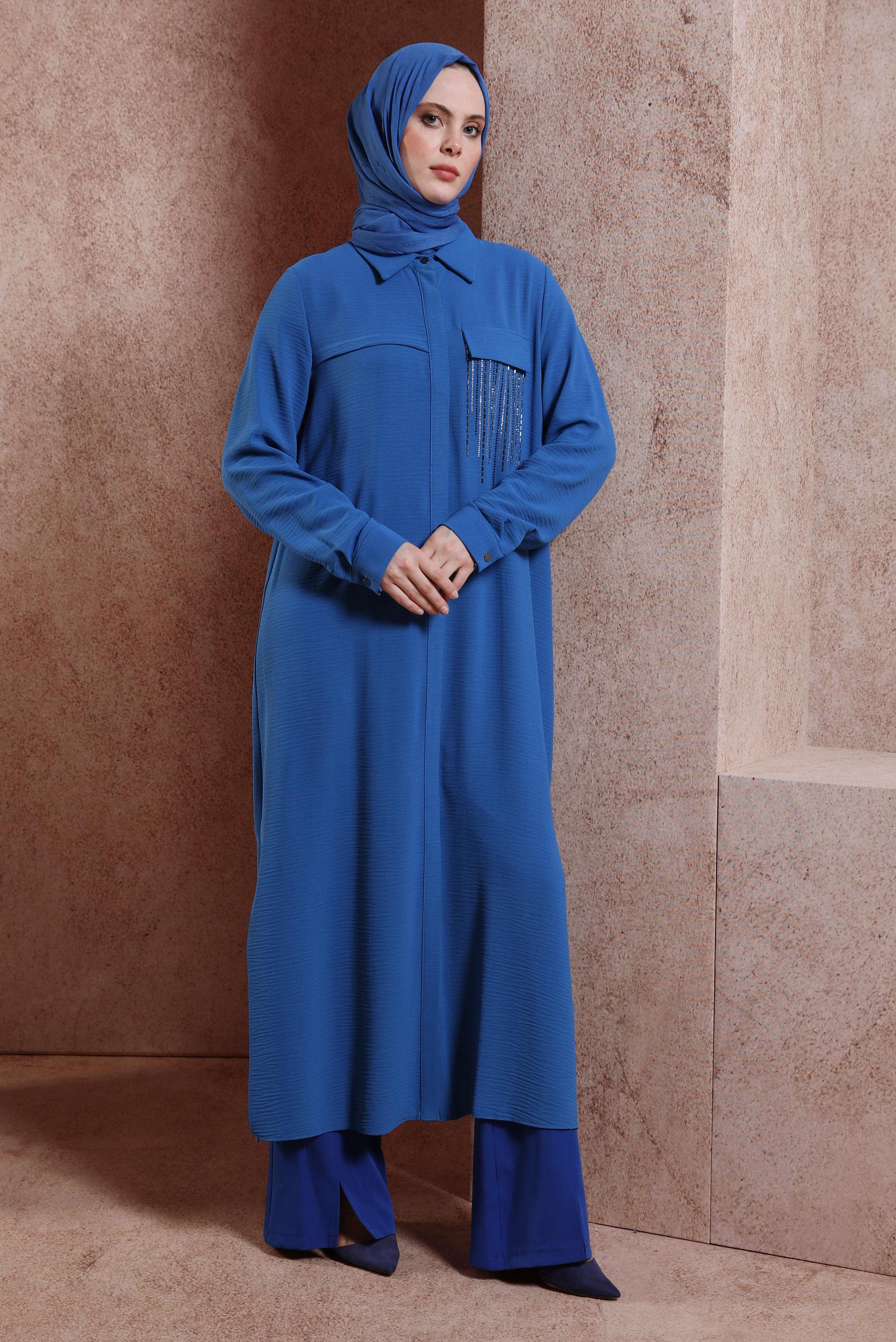 Tesettür giyim LACİVERT TAŞ DETAYLI UZUN TUNİK 43906