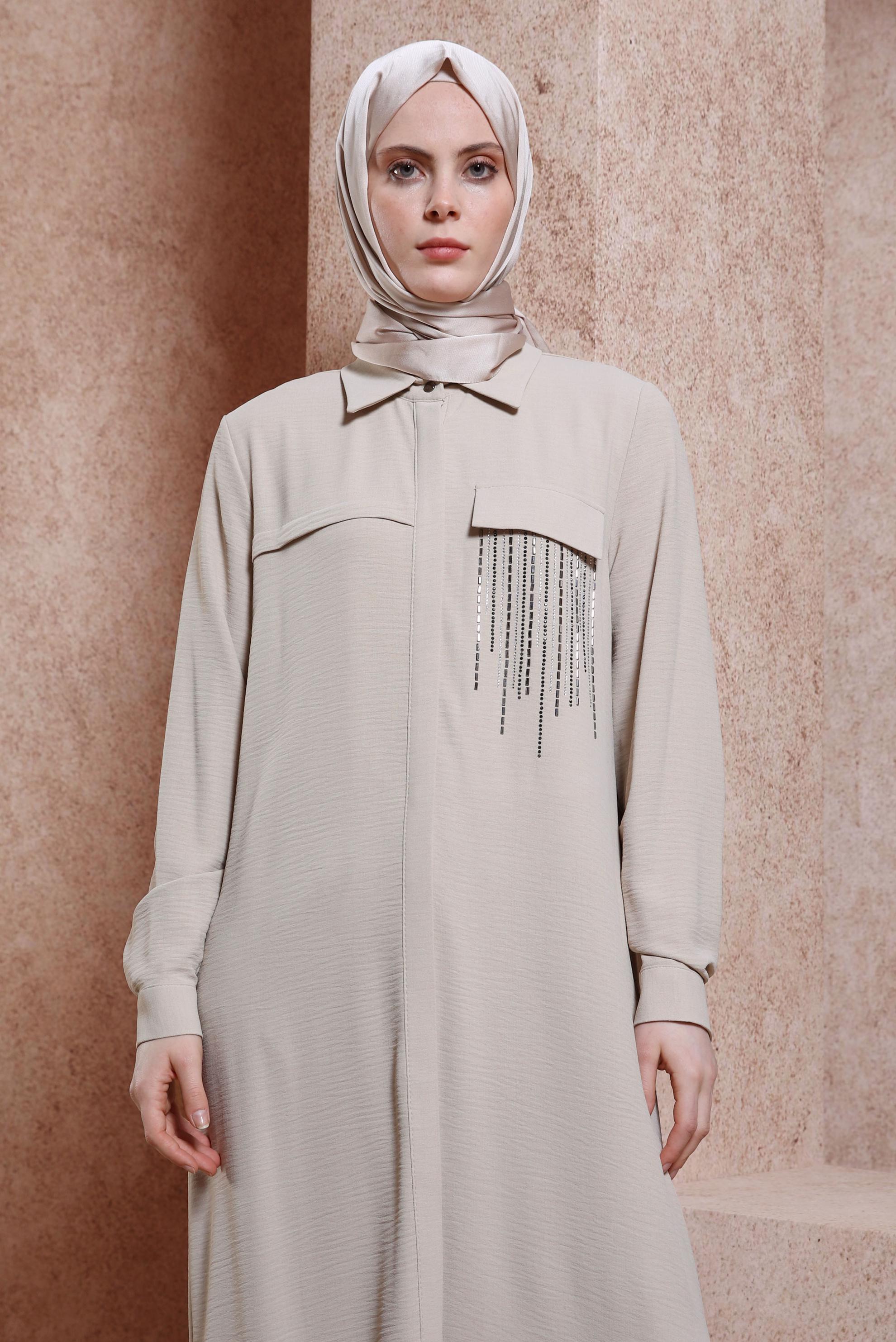 Tesettür giyim BEJ TAŞ DETAYLI UZUN TUNİK 43906