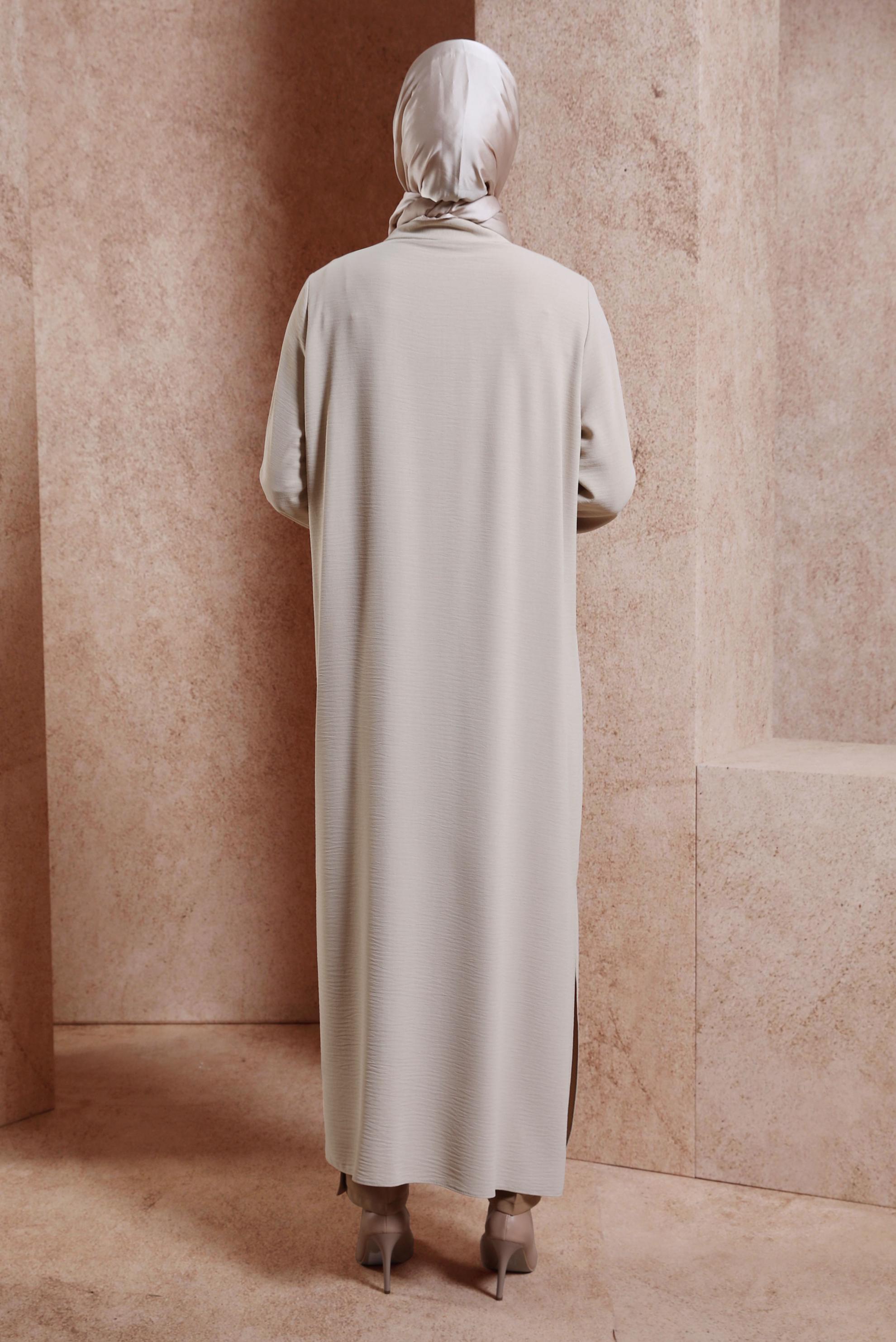 Tesettür giyim BEJ TAŞ DETAYLI UZUN TUNİK 43906