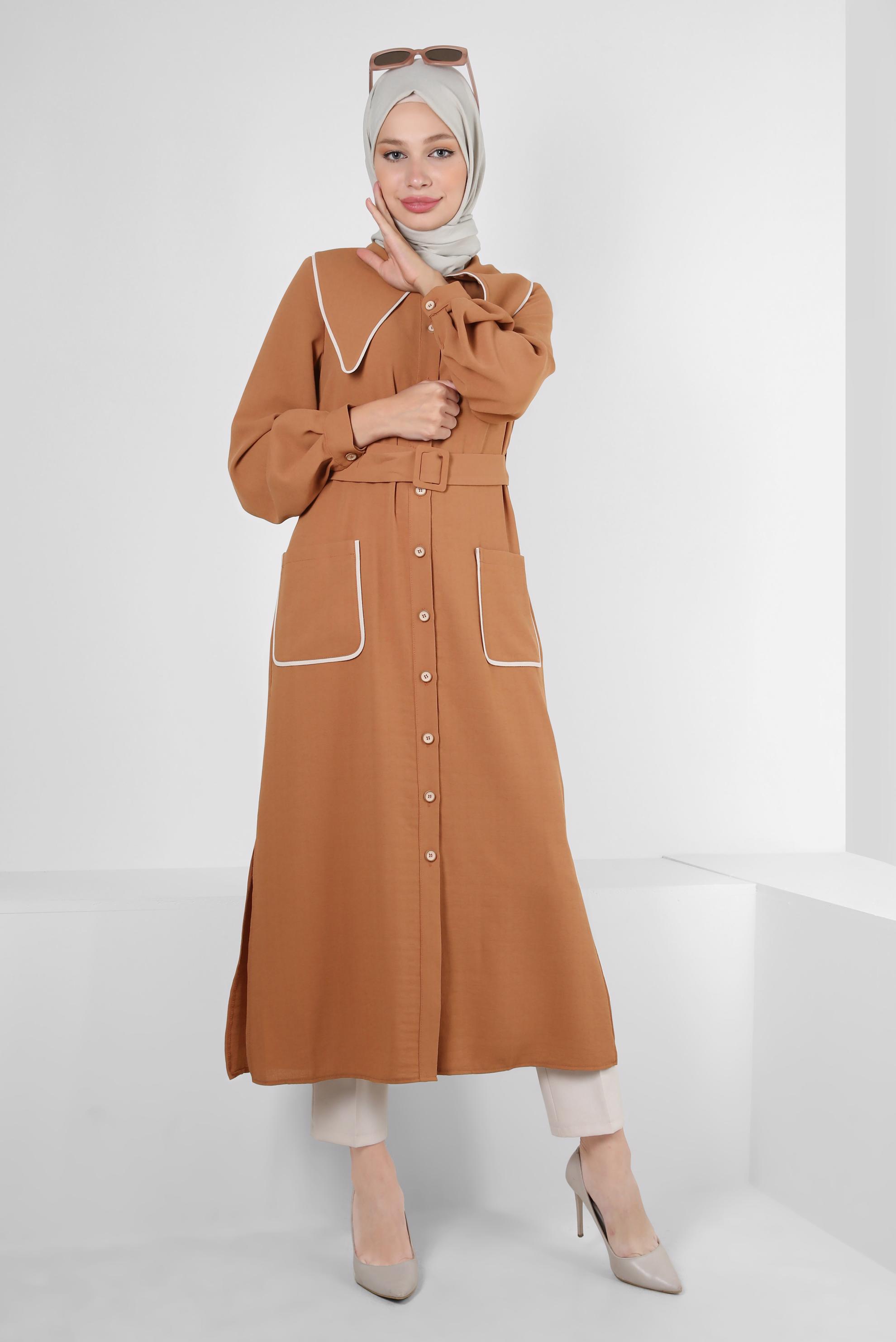 Tesettür giyim TURUNCU YAKA DETAYLI KEMERLİ CEPLİ TUNİK 43907
