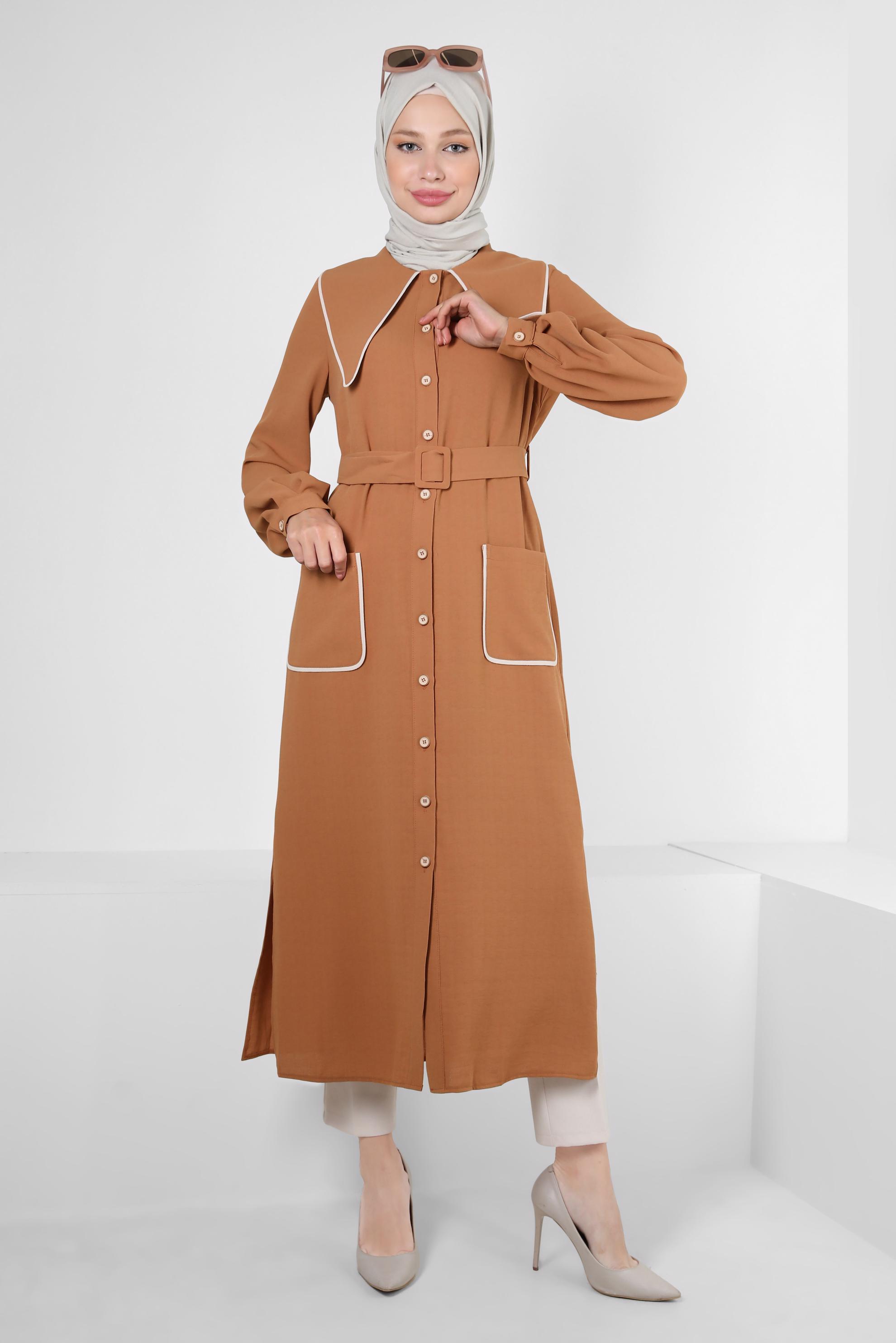 Tesettür giyim TURUNCU YAKA DETAYLI KEMERLİ CEPLİ TUNİK 43907