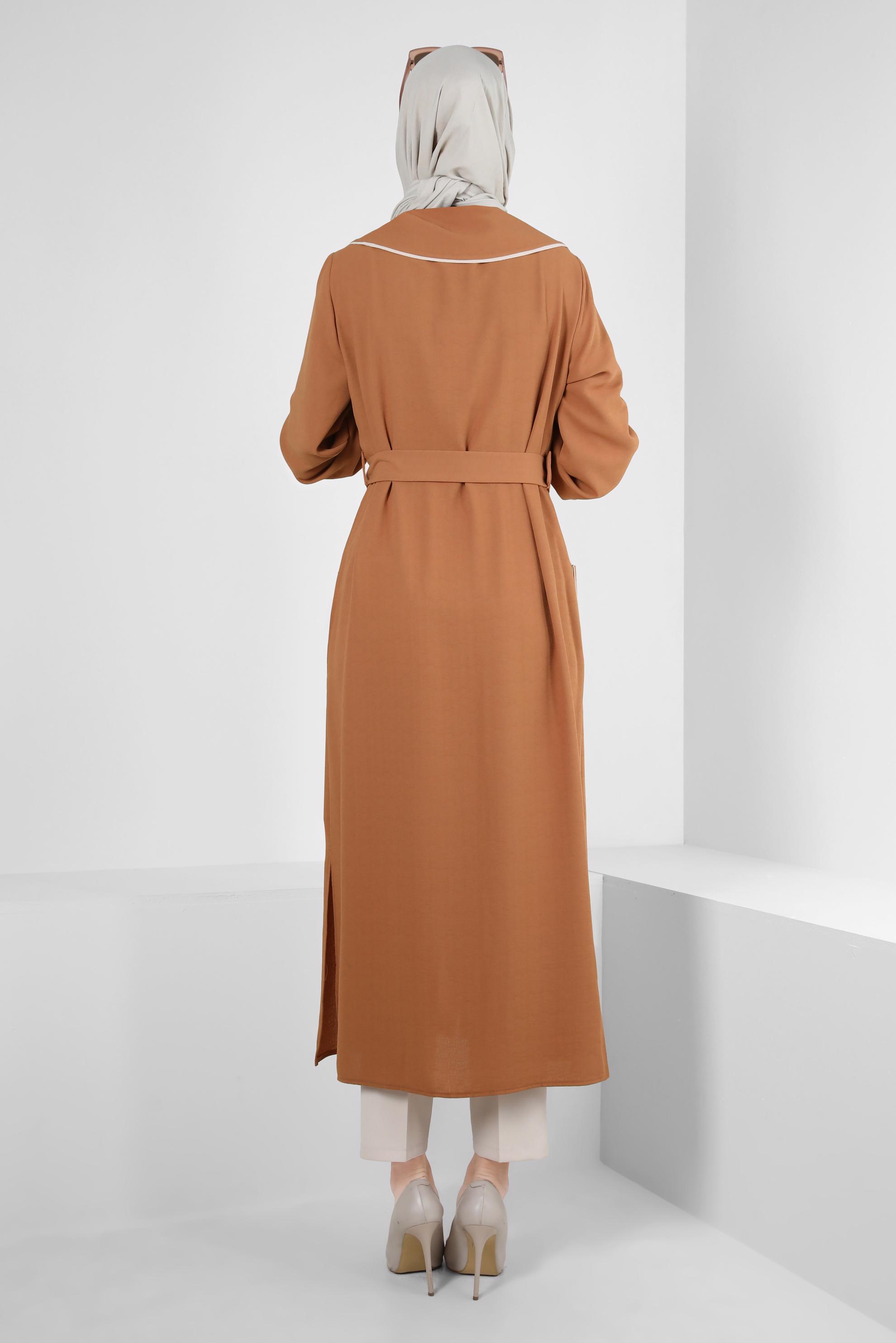 Tesettür giyim TURUNCU YAKA DETAYLI KEMERLİ CEPLİ TUNİK 43907