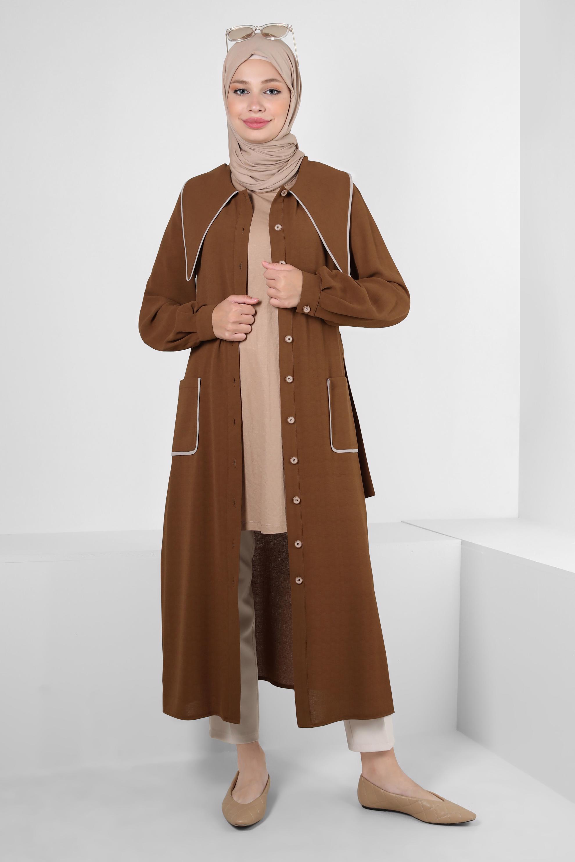 Tesettür giyim KAHVE YAKA DETAYLI KEMERLİ CEPLİ TUNİK 43907
