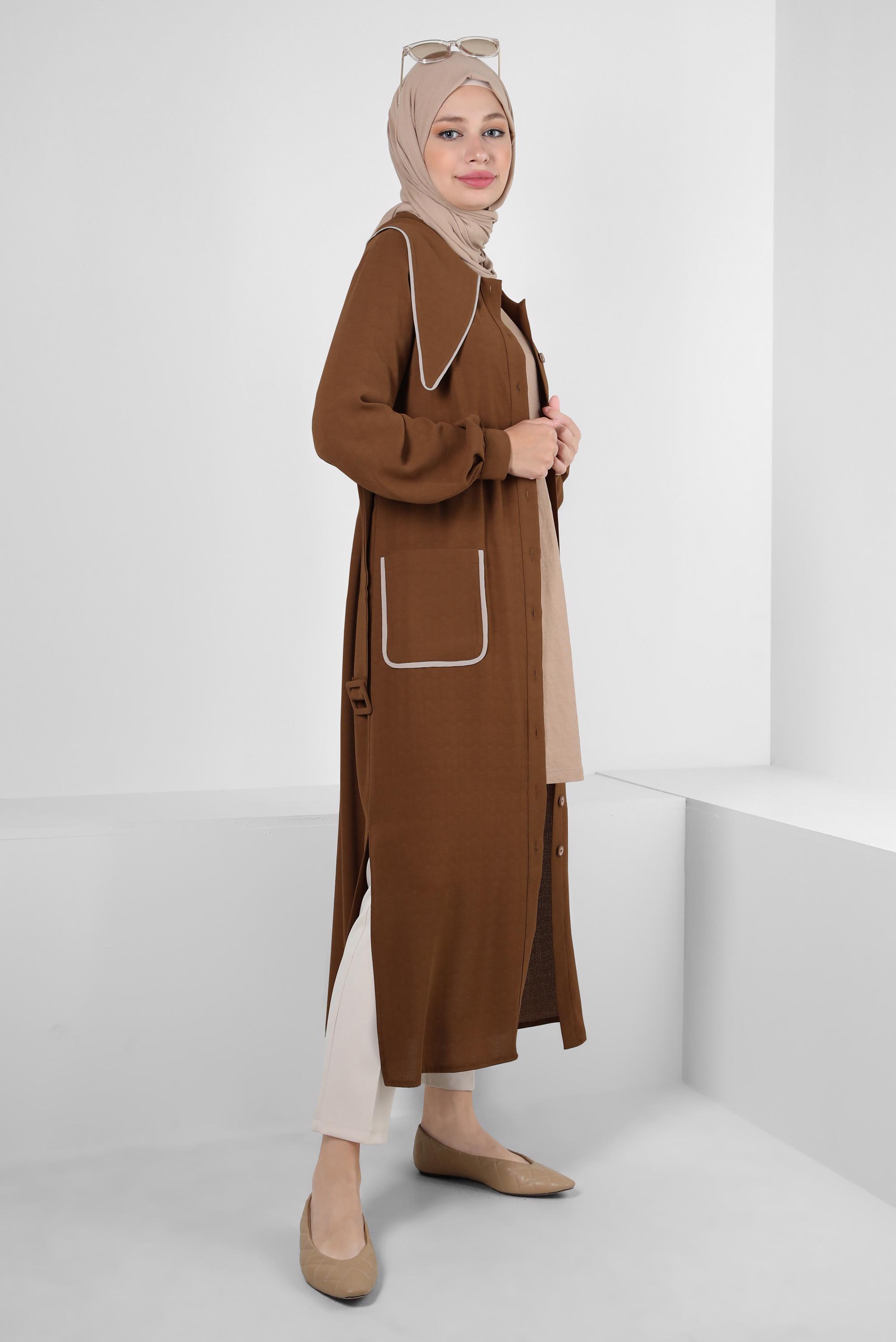 Tesettür giyim KAHVE YAKA DETAYLI KEMERLİ CEPLİ TUNİK 43907