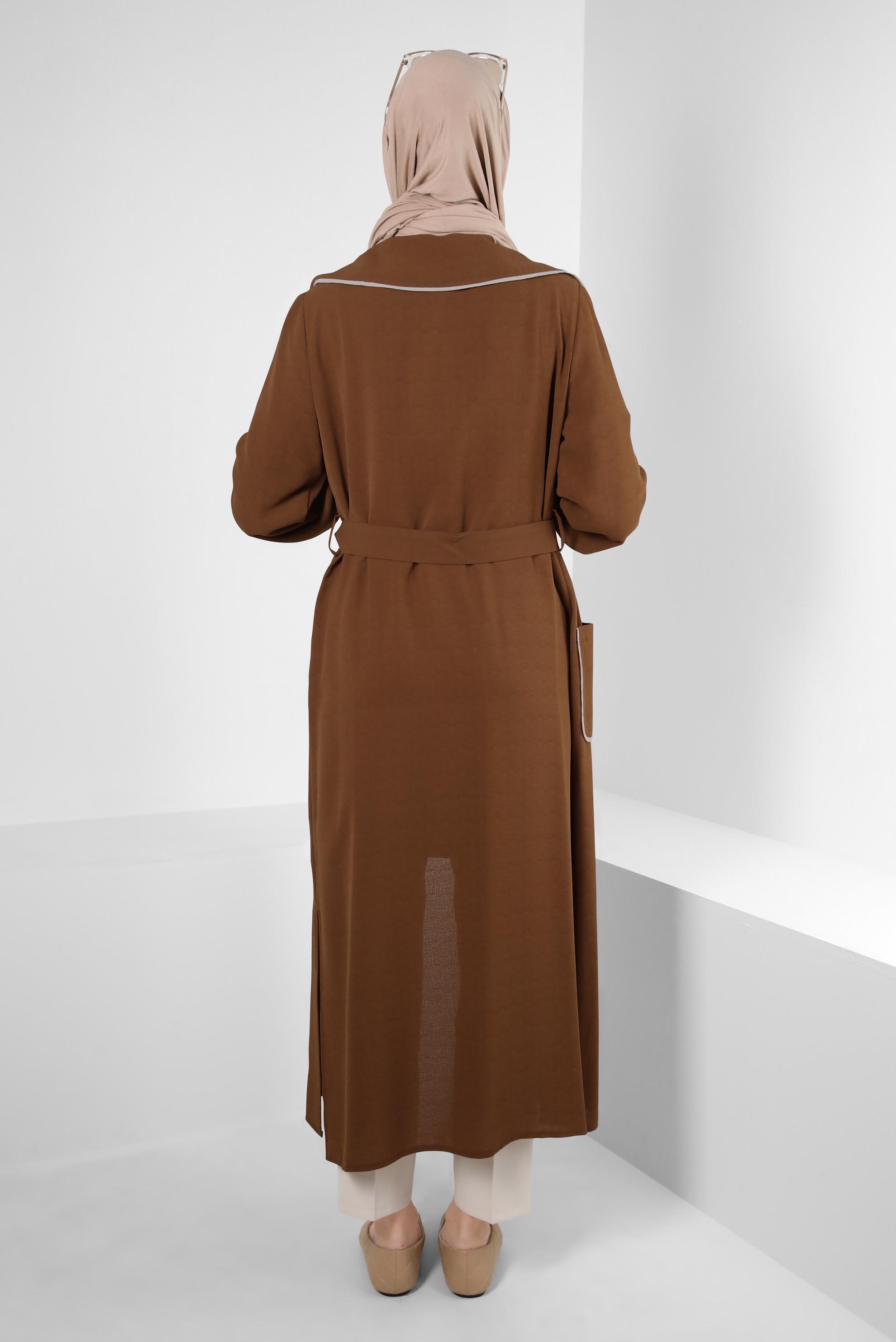 Tesettür giyim KAHVE YAKA DETAYLI KEMERLİ CEPLİ TUNİK 43907