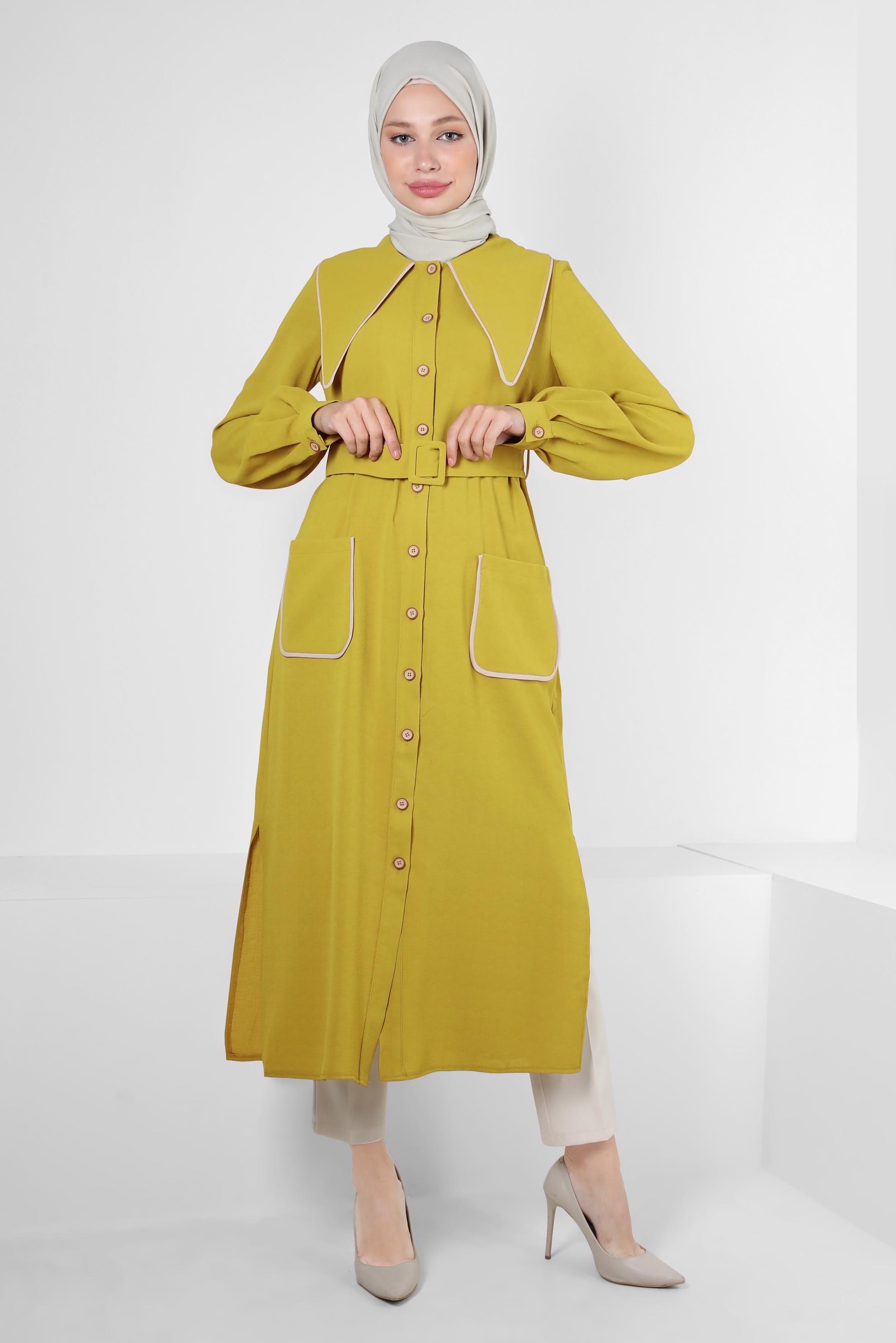 Tesettür giyim YEŞİL YAKA DETAYLI KEMERLİ CEPLİ TUNİK 43907