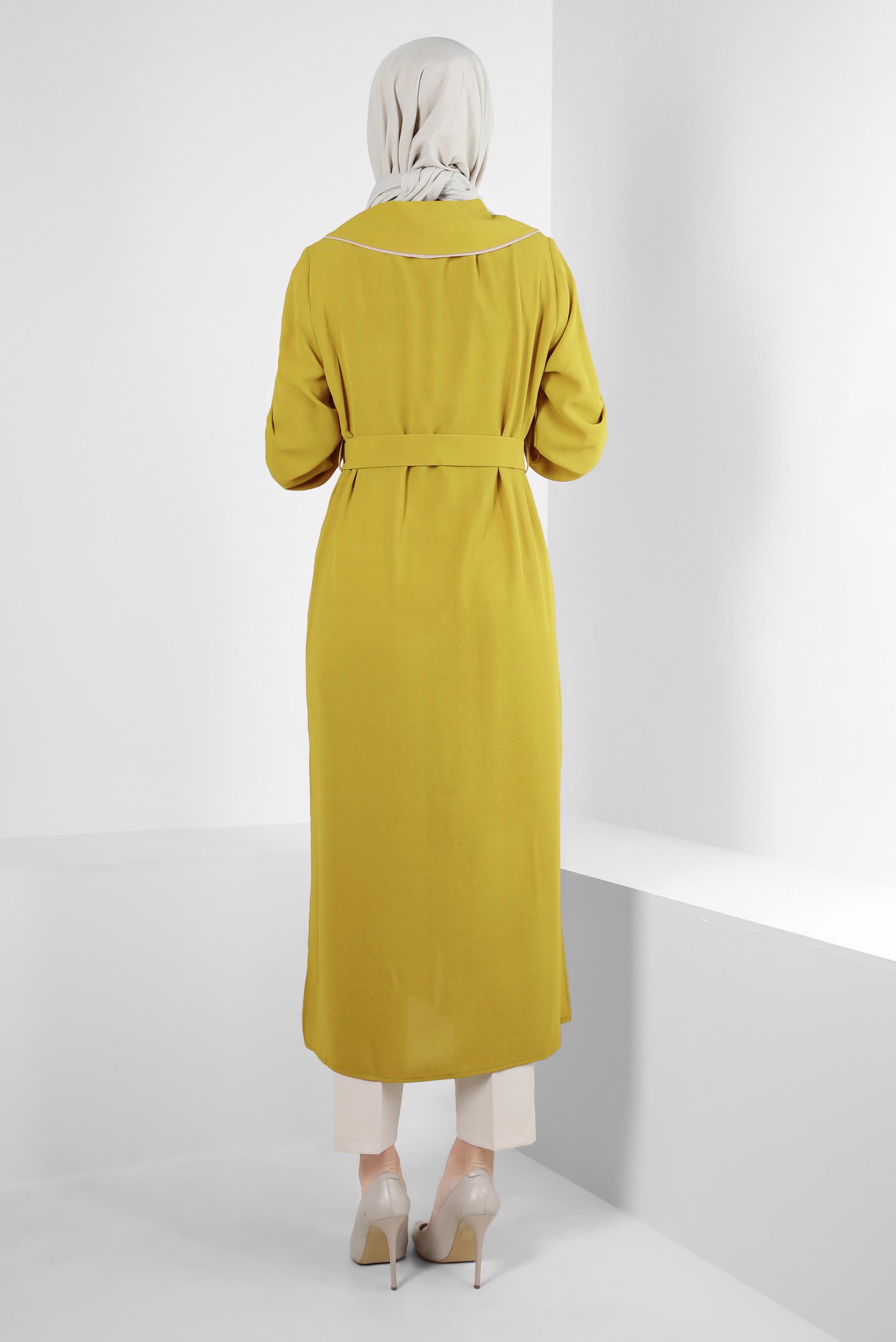 Tesettür giyim YEŞİL YAKA DETAYLI KEMERLİ CEPLİ TUNİK 43907