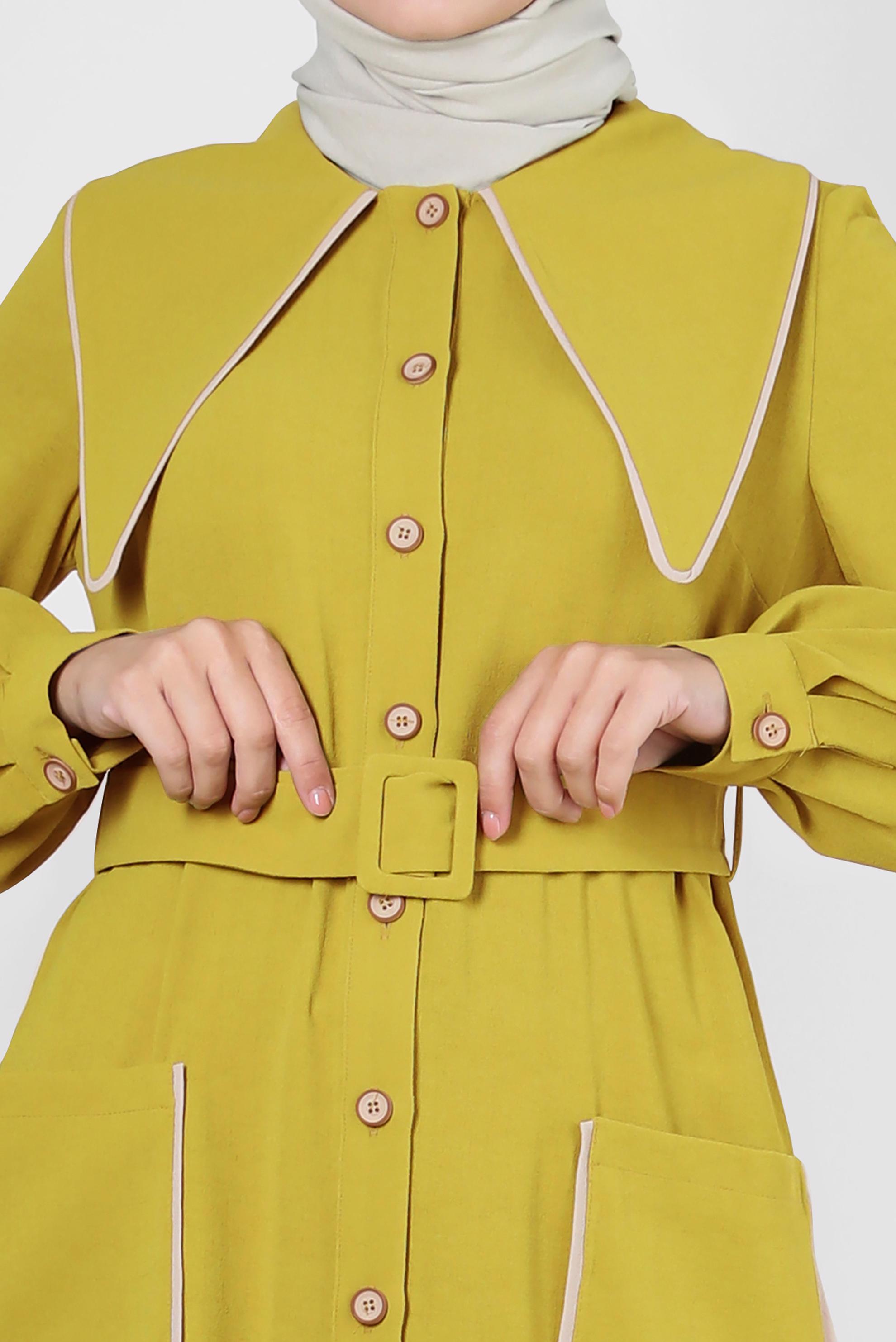 Tesettür giyim YEŞİL YAKA DETAYLI KEMERLİ CEPLİ TUNİK 43907