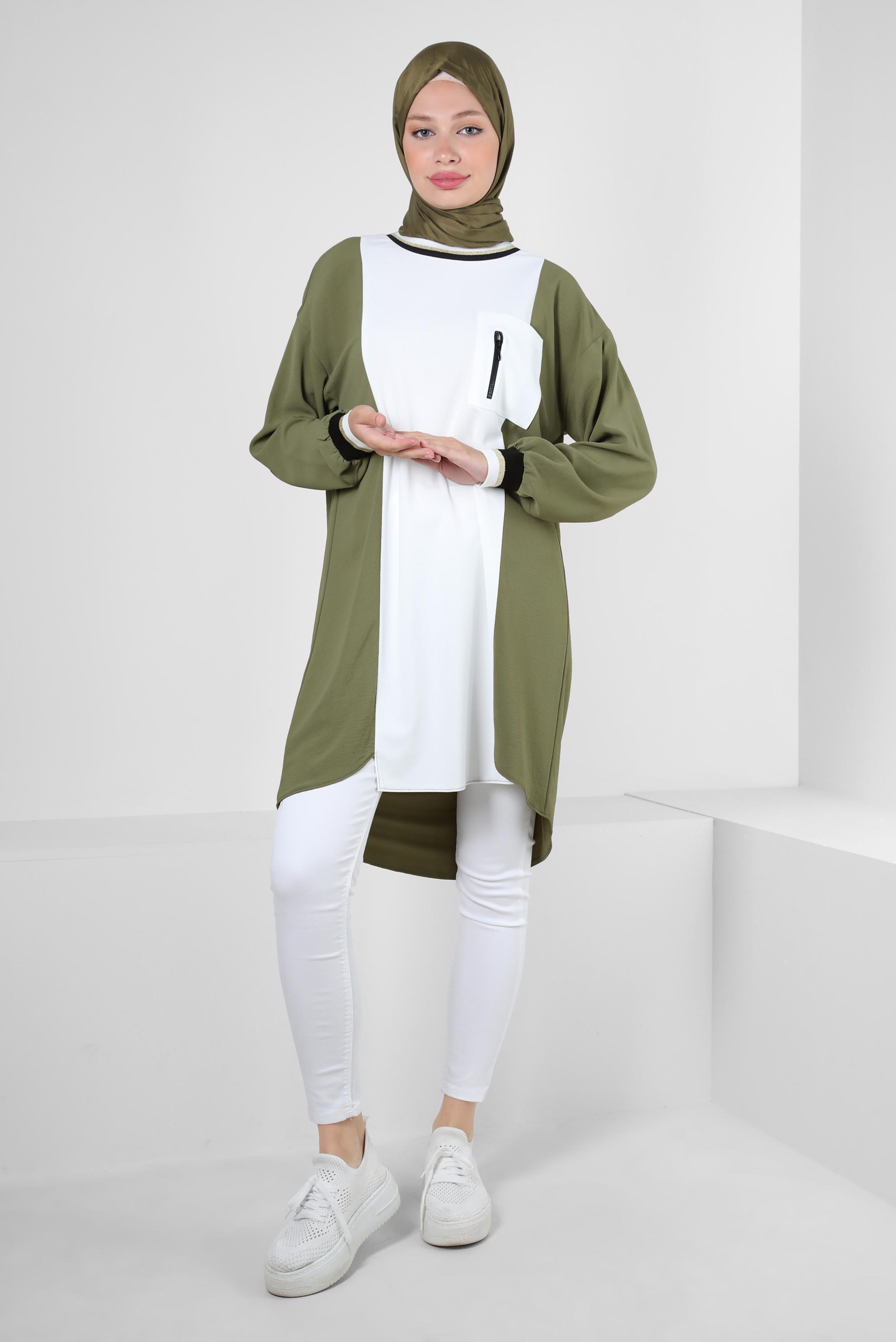 Tesettür giyim HAKİ MANŞETLERİ LASTİKLİ İKİ RENKLİ TUNİK 43914