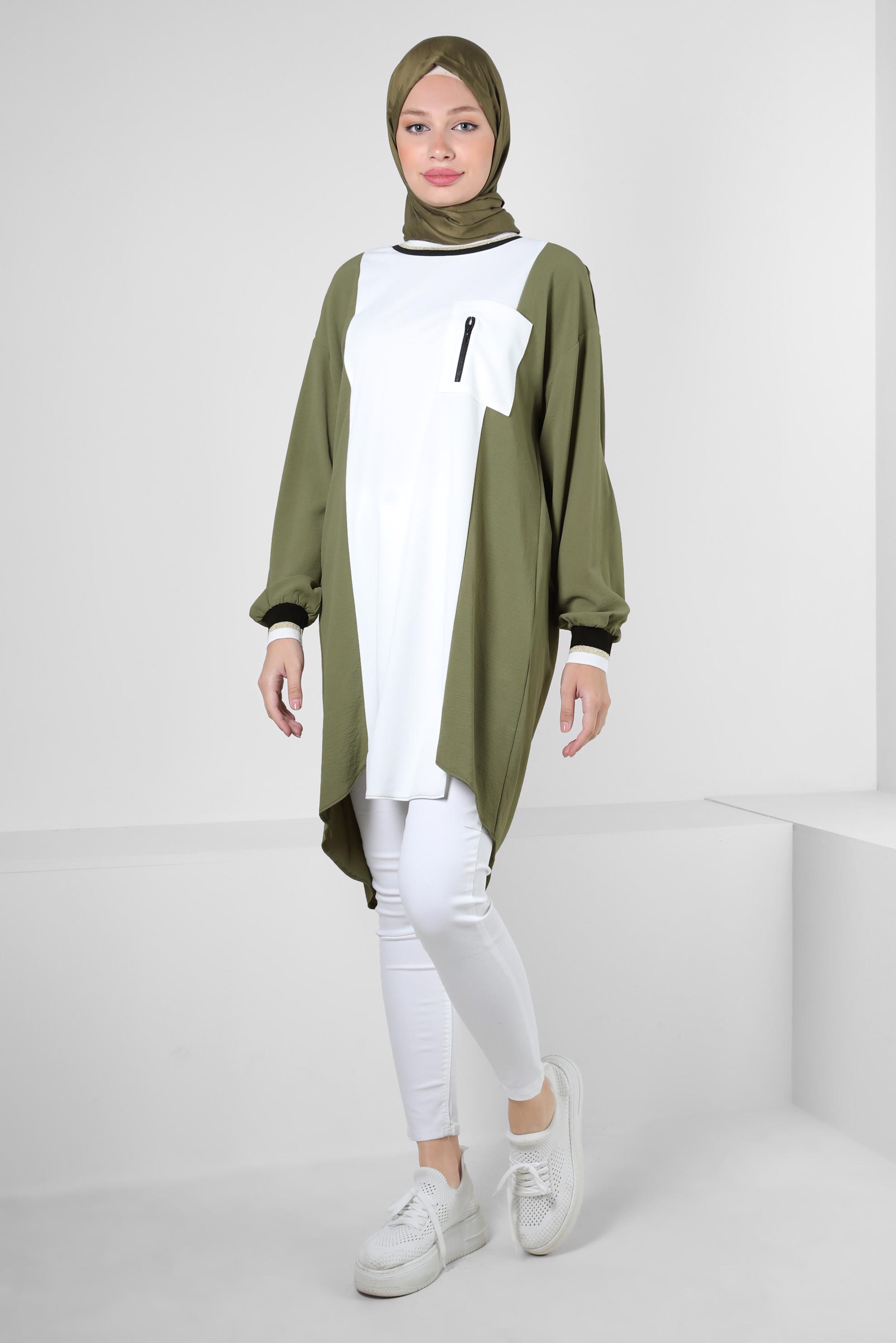 Tesettür giyim HAKİ MANŞETLERİ LASTİKLİ İKİ RENKLİ TUNİK 43914