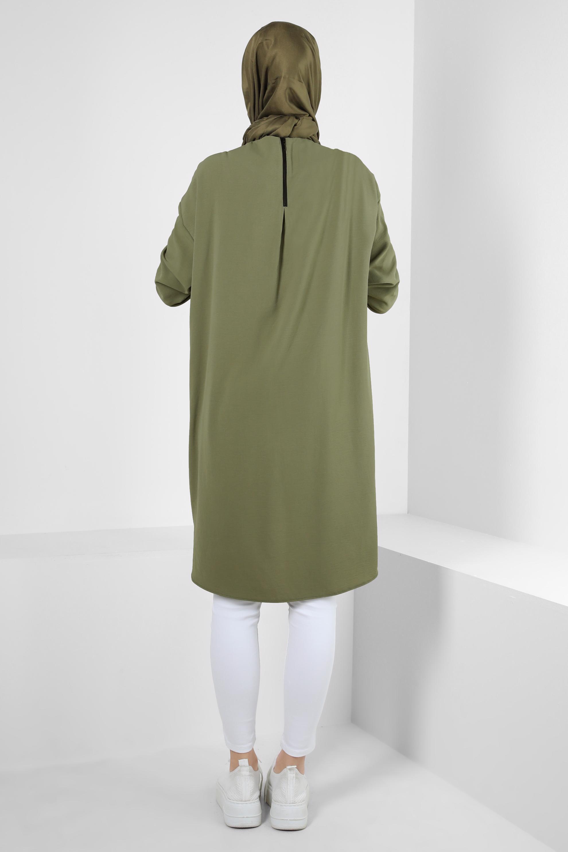 Tesettür giyim HAKİ MANŞETLERİ LASTİKLİ İKİ RENKLİ TUNİK 43914