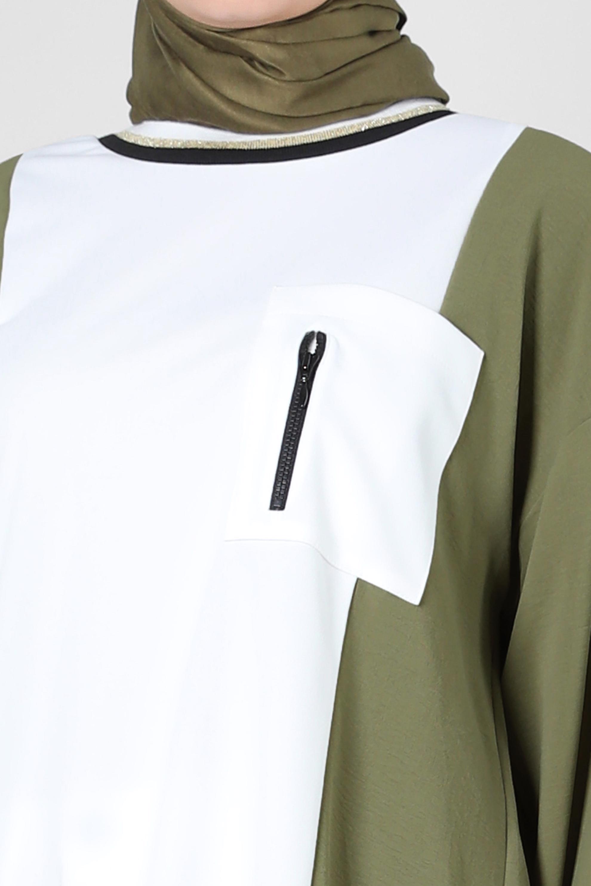 Tesettür giyim HAKİ MANŞETLERİ LASTİKLİ İKİ RENKLİ TUNİK 43914